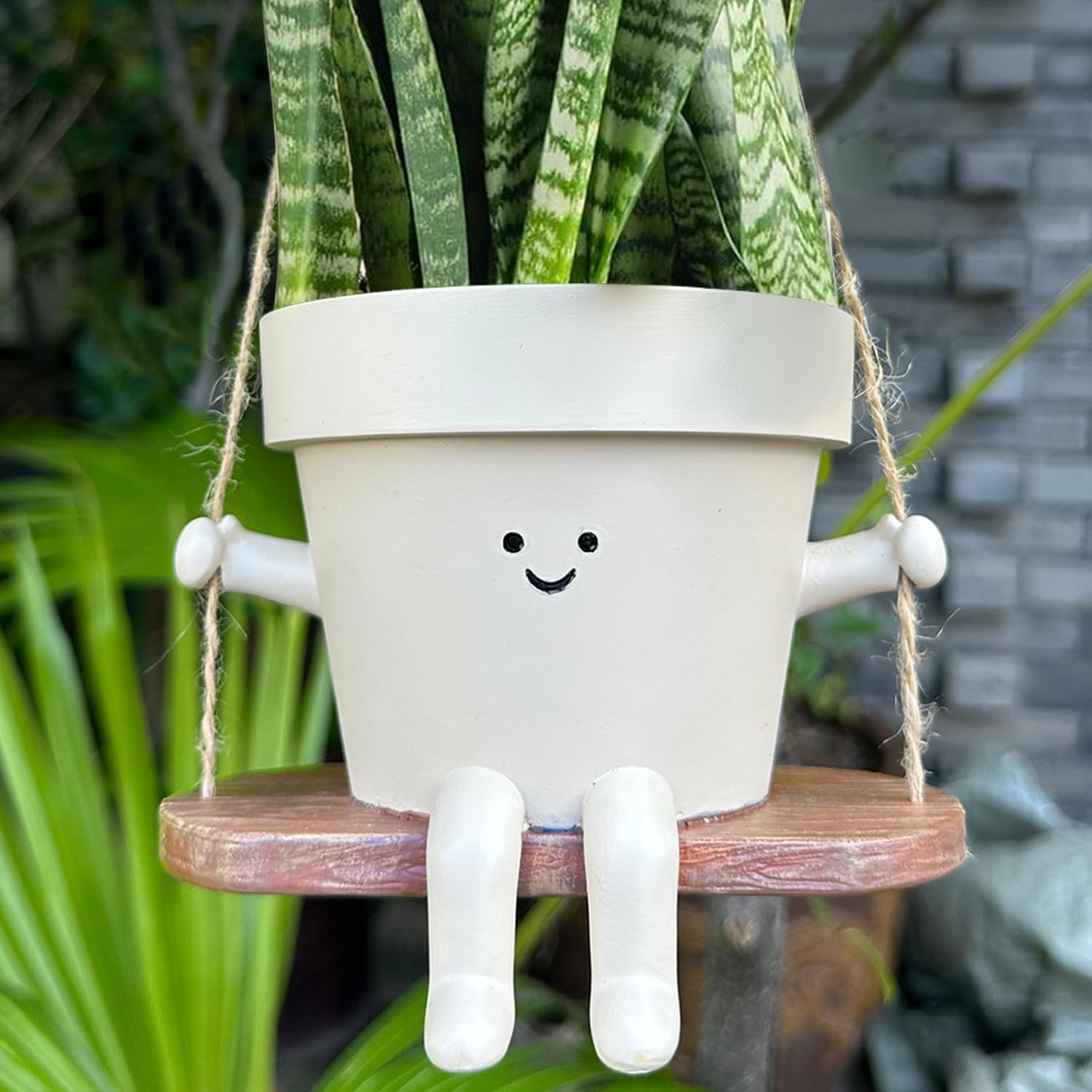 Thumbnail 2 de Hanging Planter Swing Face Plant Pot – Cute Resin Head Planter with Drainage Hole (Indoor & Outdoor)