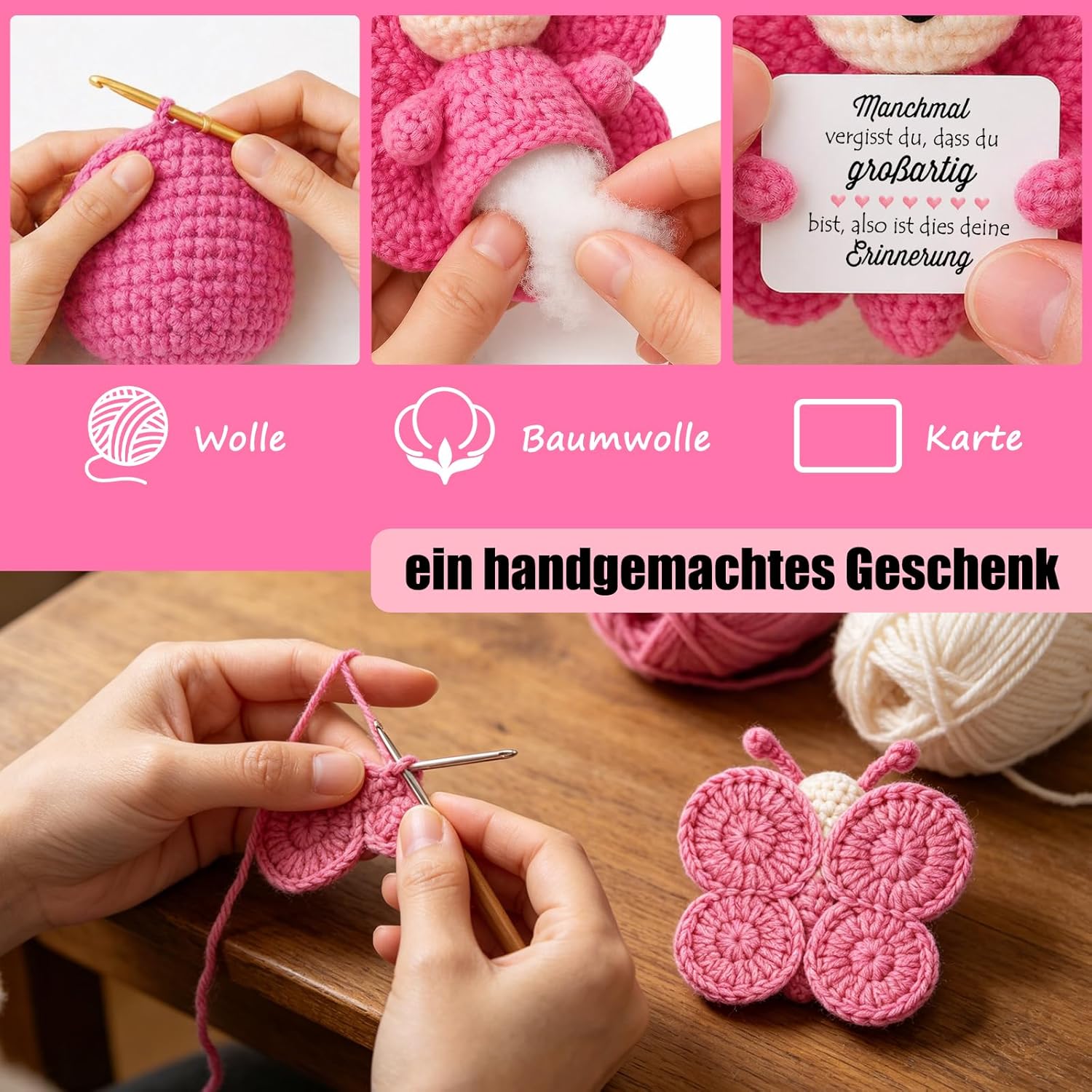 Detalle de Tixlux Pocket Hug Positive Schmetterling – Strickfigur mit Umarmung-Glücksbringer (Einschulung, Gute Besserung)