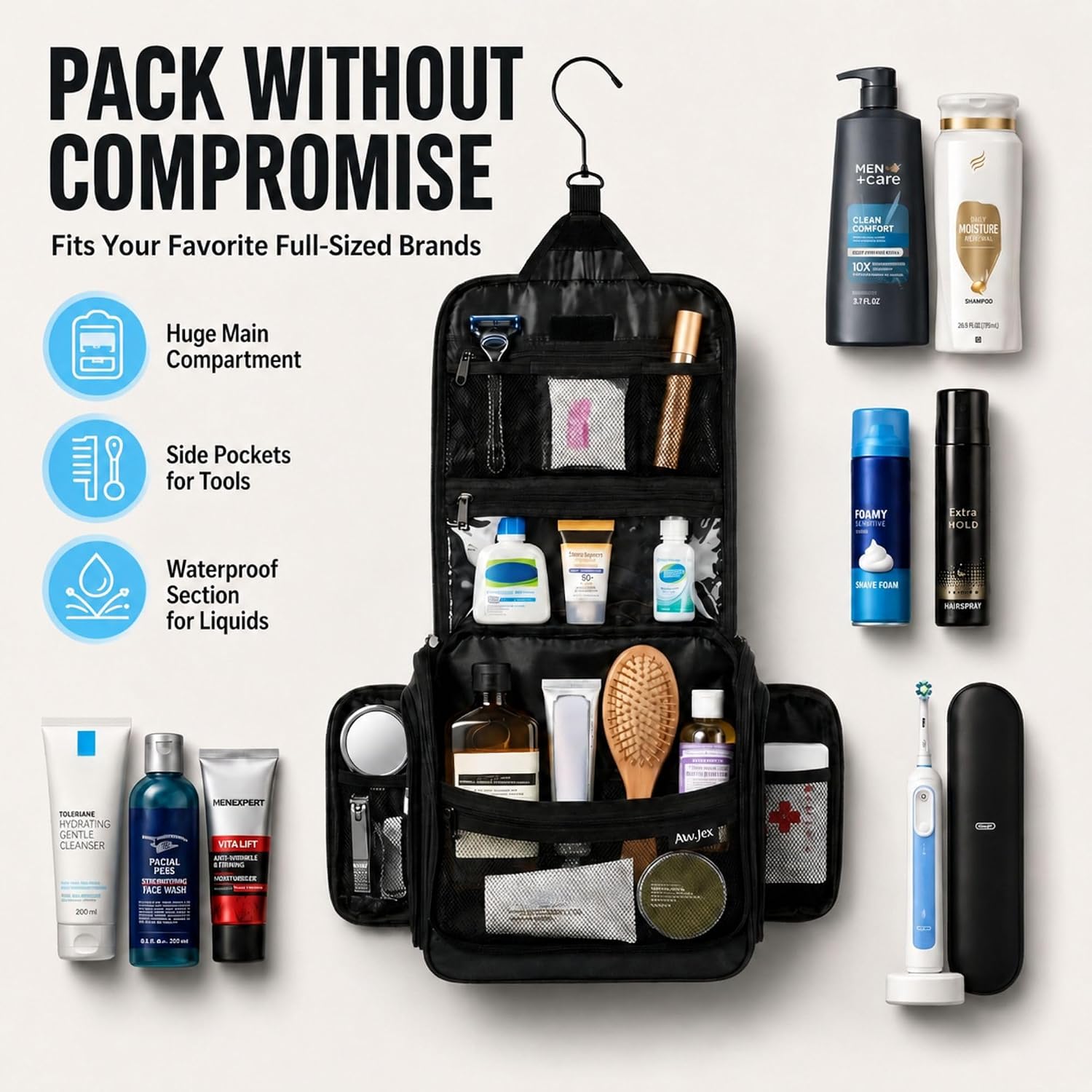 Thumbnail 5 de Men & Women Travel Toiletry Bag with 19 Compartments (10.6”x10.6”x3.2”) Waterproof Lining and Metal Swivel Hook