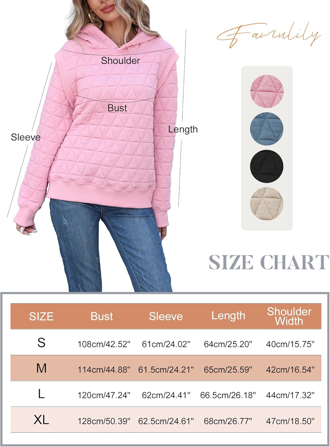 Detalle 2 de Famulily women’s casual quilted long sleeve hoodie (S–XL) – thick pullover winter sweatshirt
