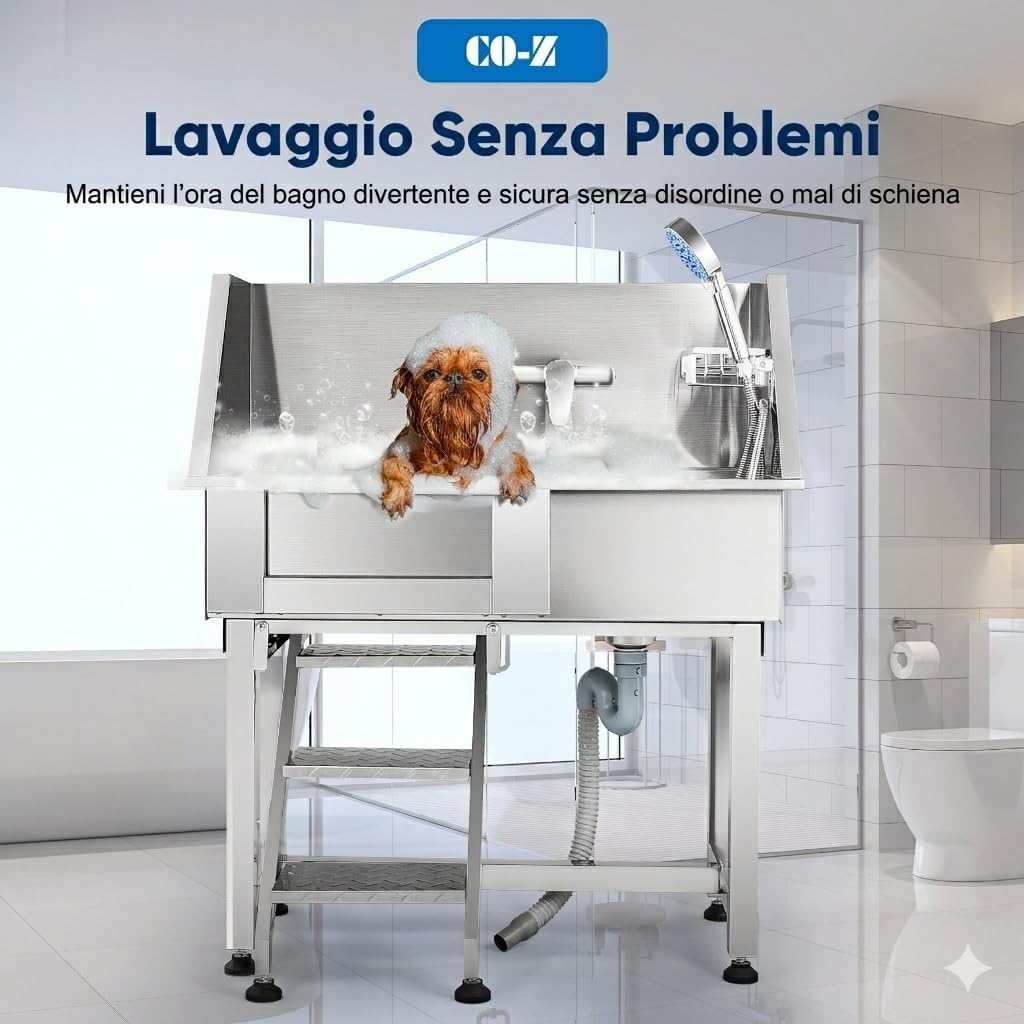 Thumbnail 1 de CO-Z Vasca da Bagno per Cani da 86 cm in Acciaio Inossidabile – Toelettatura Professionale con Scale, Rubinetto e Soffione