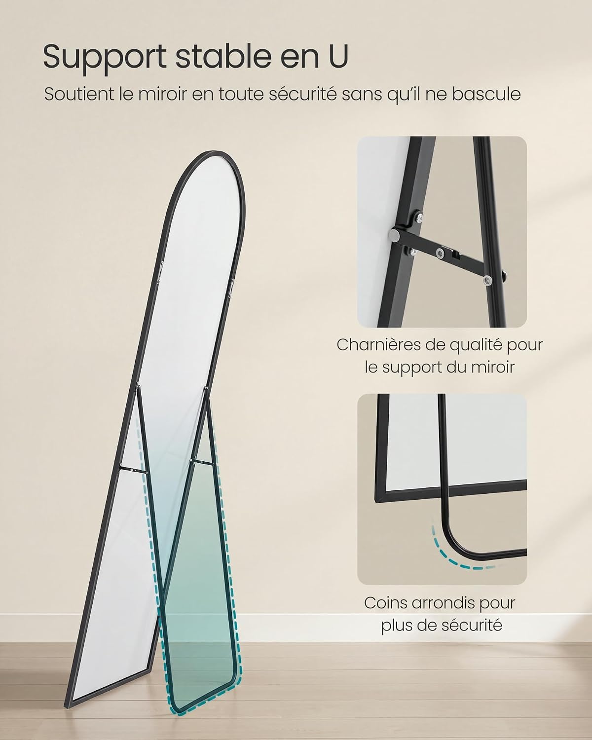 Detalle de SONGMICS LFM031B01 gebogen vloerspiegel 160 x 50 cm, gehard glas