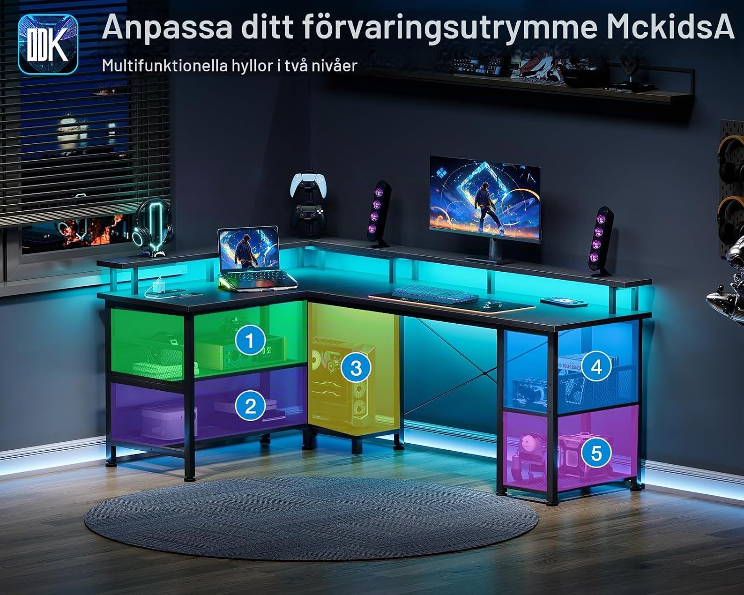 Detalle de ODK ZJZ-SBWJDDD-N L-format gamingbord 150 × 102 cm med LED och hyllor