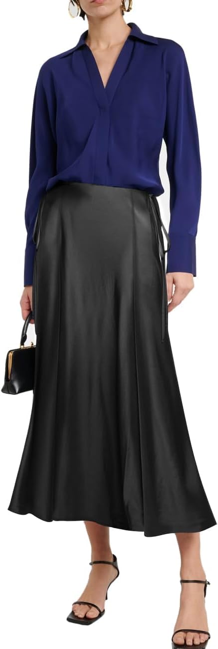 Detalle de MAYFASEY Women's Satin Midi Skirt – High Waist, A-Line with Side Zip