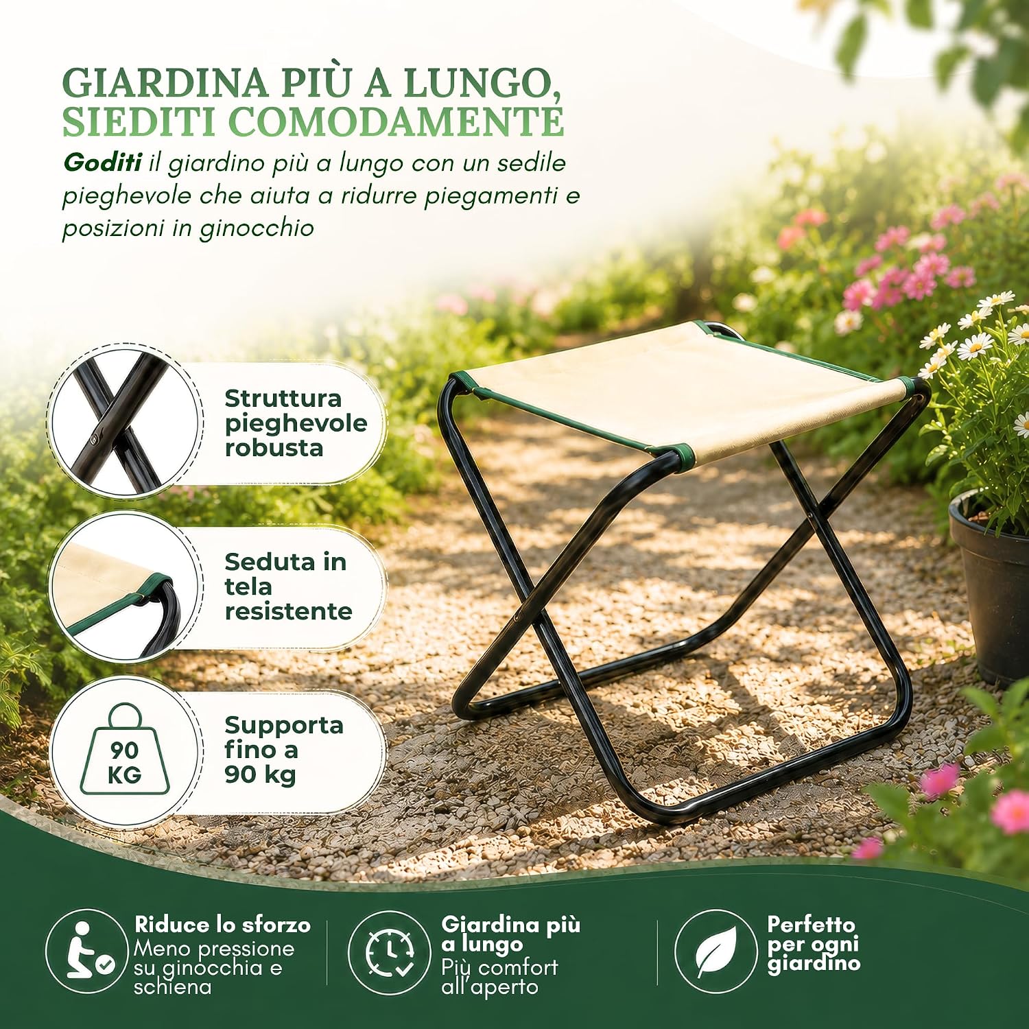 Detalle 2 de GardenHOME Set di attrezzi da giardino 7 pezzi con sgabello pieghevole e borsa