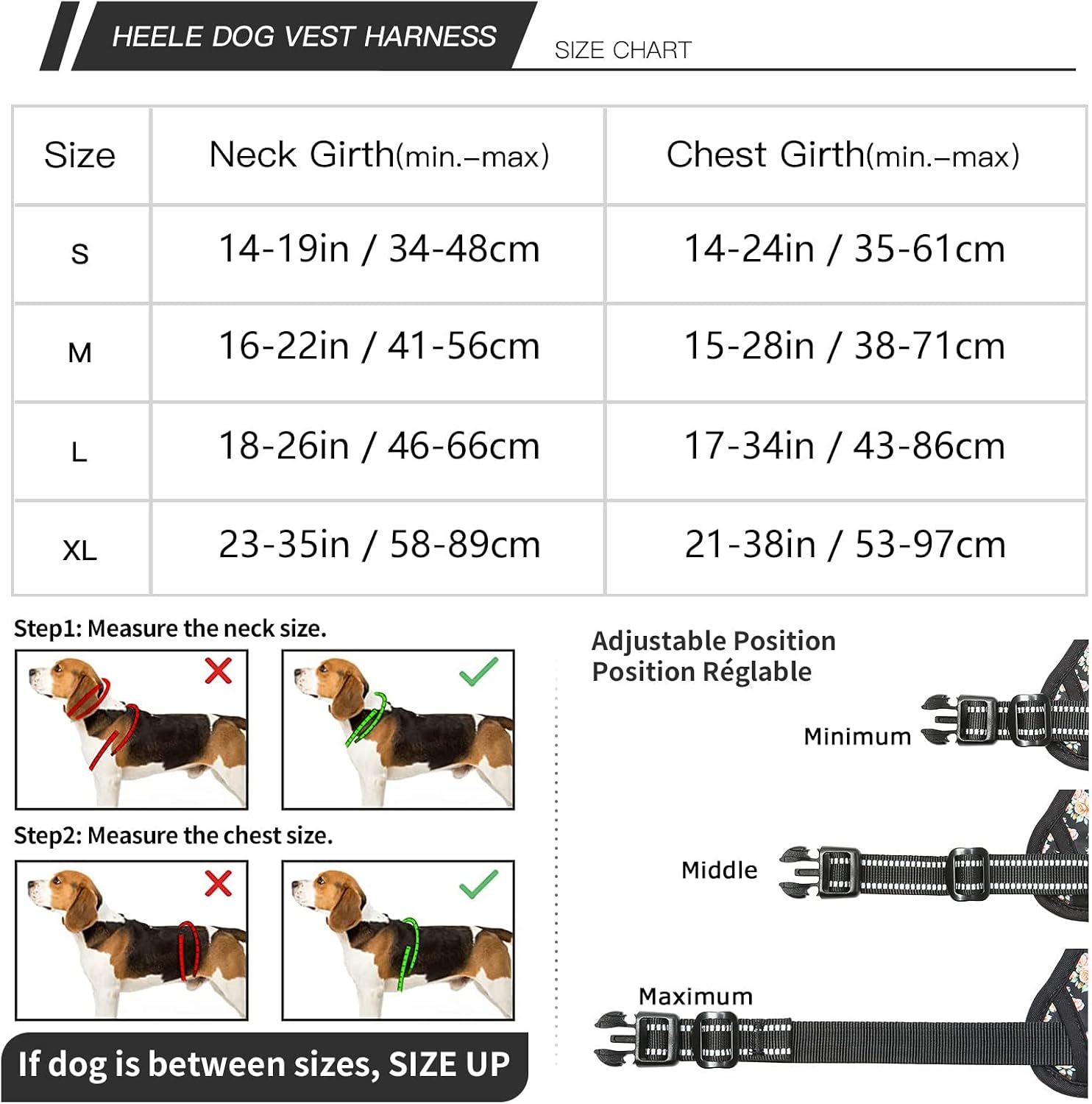 Detalle de HEELE Hundegeschirr mit Clip, gepolstertem Griff, reflektierendem Band und 3 Schnallen – Weich & verstellbar (M)