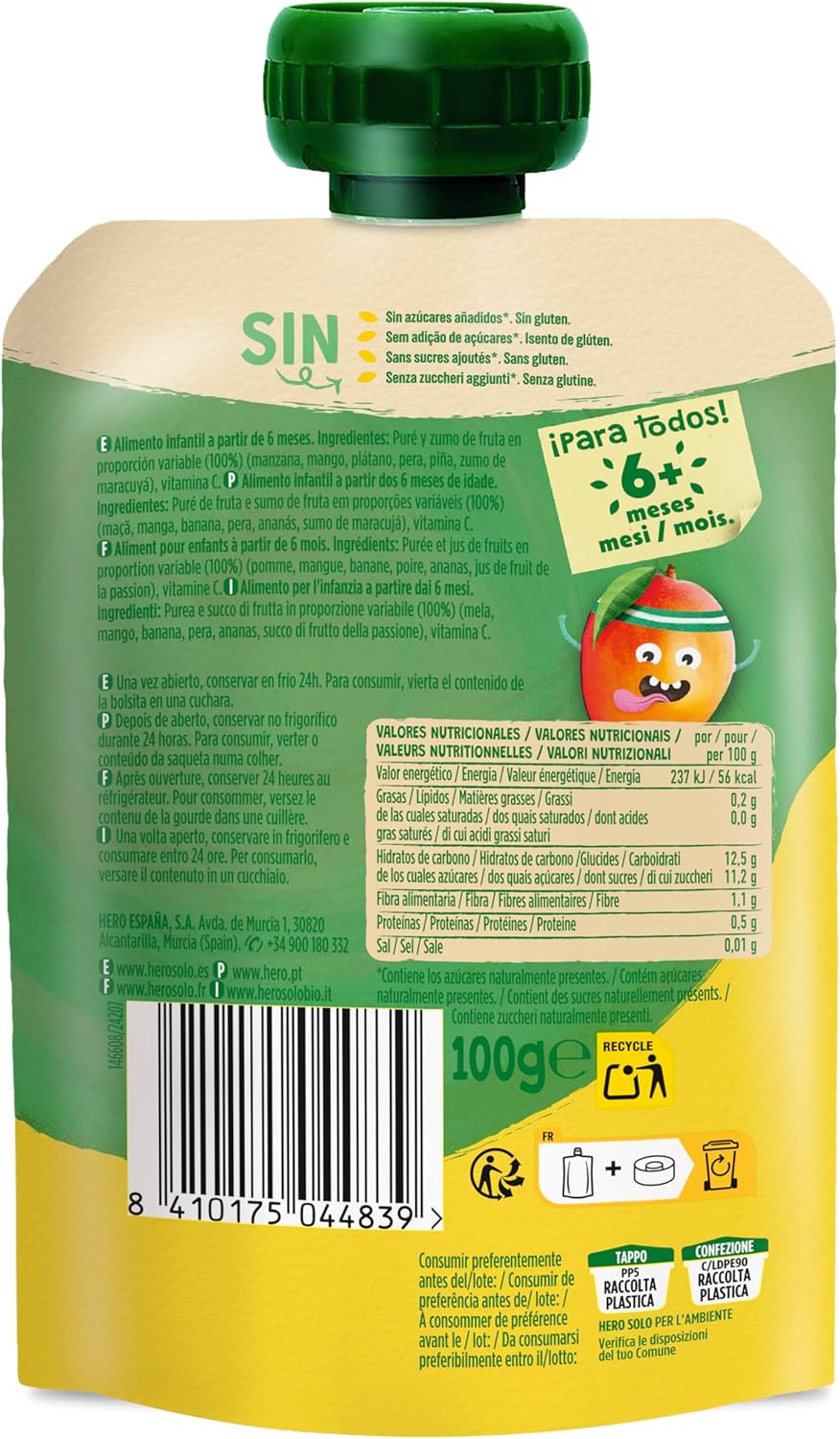 Detalle de Hero Bolsitas de Frutas Tropicales 🥭 Sin Azúcares ni Conservantes, 18x100g