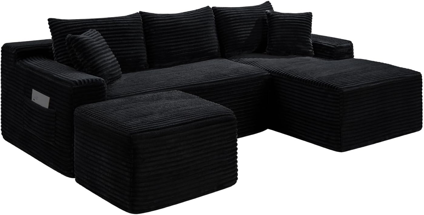 Detalle 2 de Yomsum SF658Black-RU 96-Inch Modular Corduroy Sectional Sofa with Deep Seat