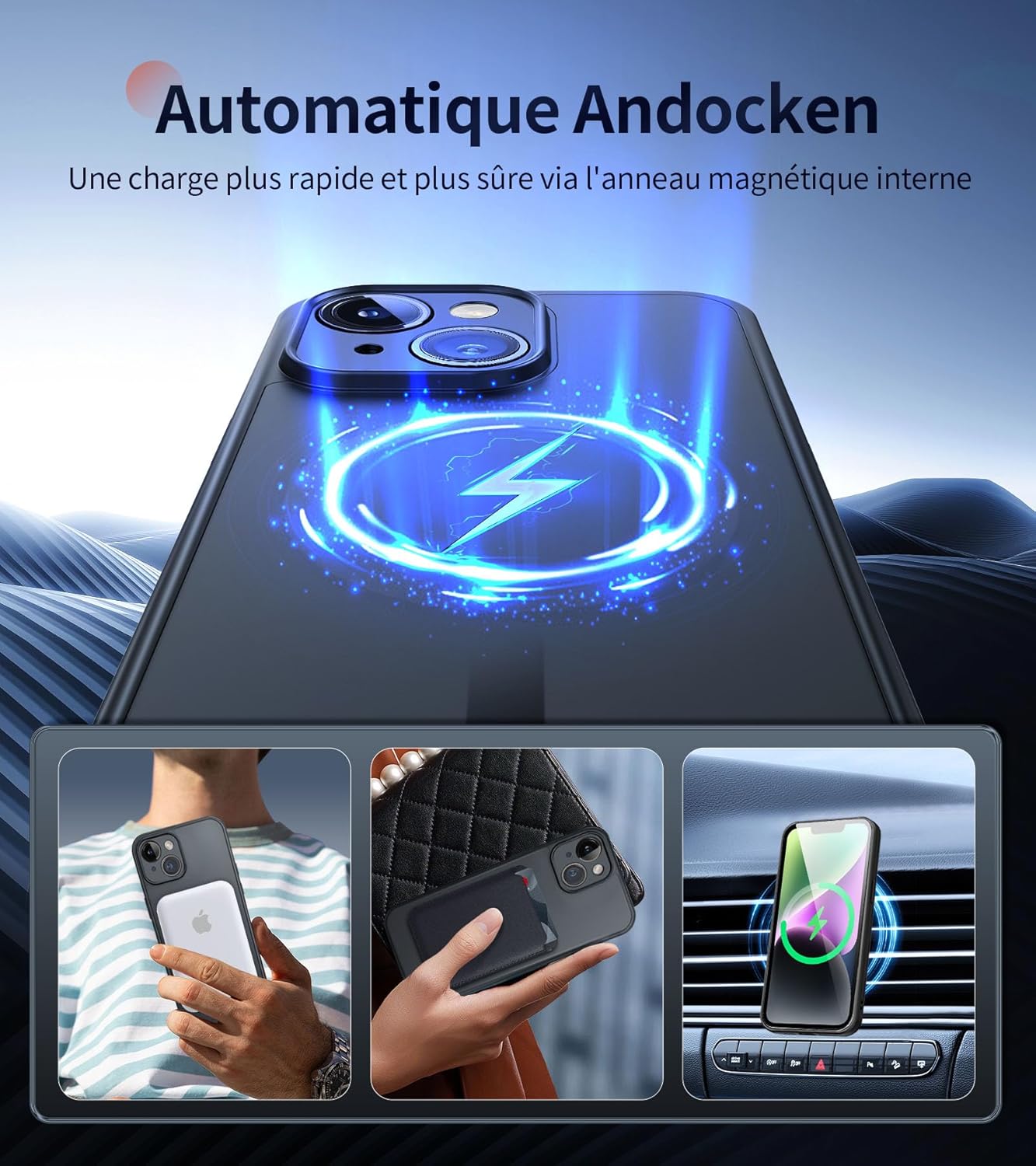 Thumbnail 6 de FLLAO Coque magnétique pour iPhone 14 — 2 verres trempés, MagSafe, protection complète, noir translucide