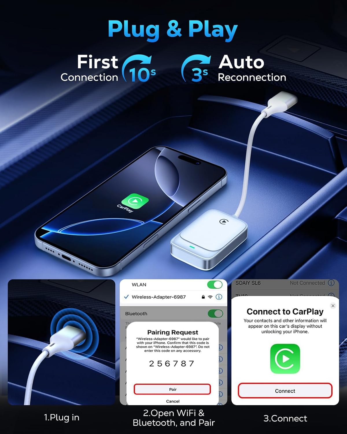 Detalle de MoKo CarPlay Wireless Adapter – kabelloses CarPlay für iPhone, 5,8 GHz WiFi, Bluetooth 5.3, Plug&Play