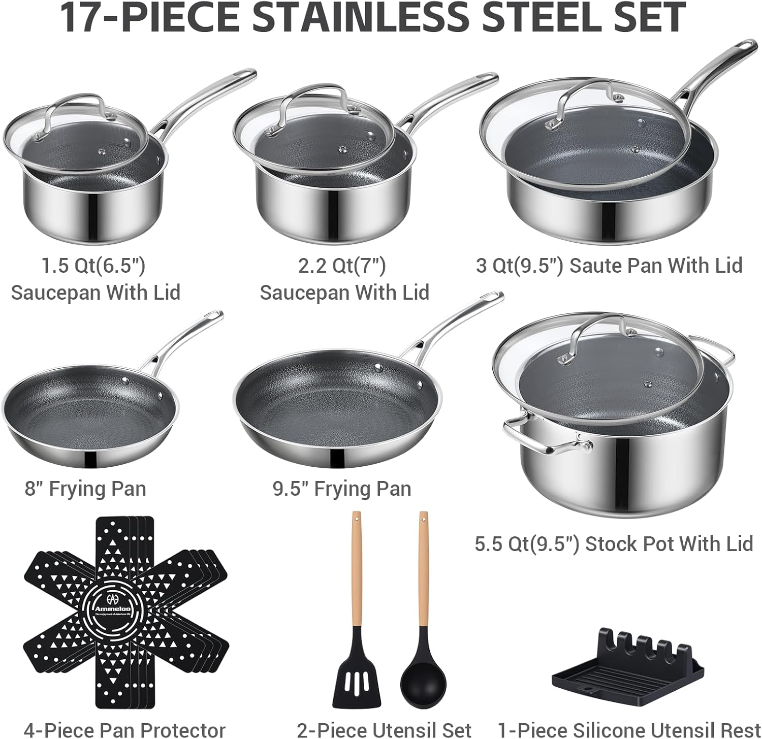 Detalle de Ammeloo 17-Piece Nonstick Stainless Steel Cookware Set