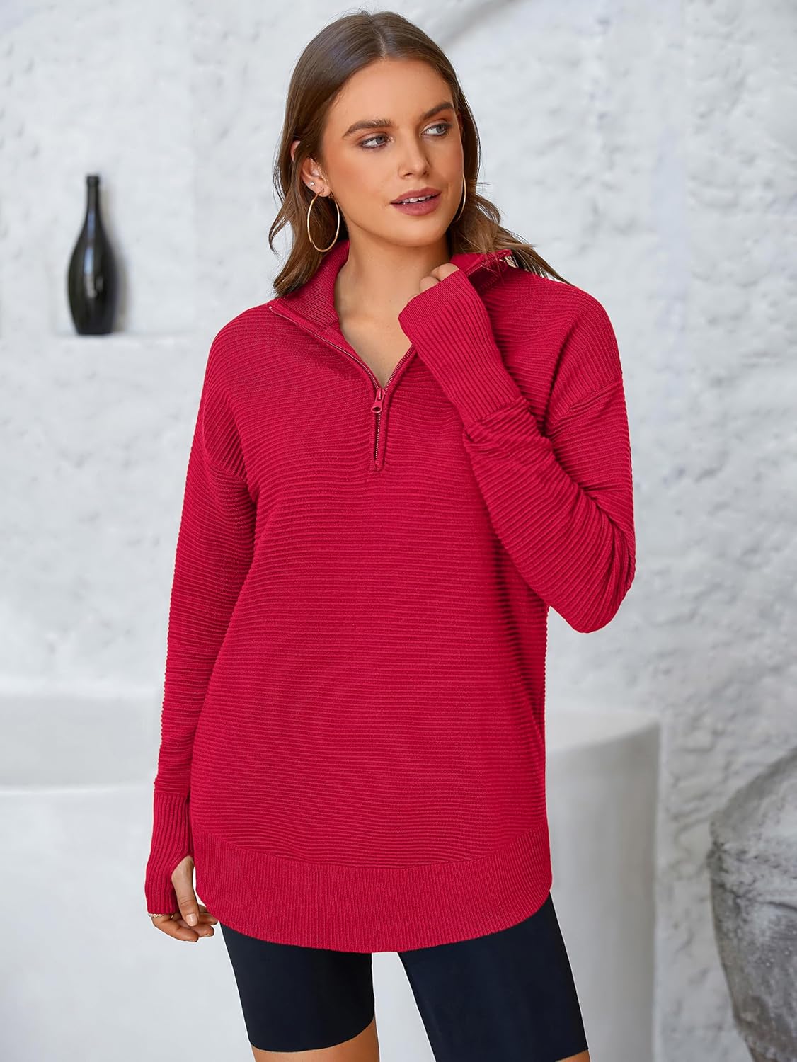 Thumbnail 1 de PRETTYGARDEN V‑neck ribbed thumbhole sweater for women