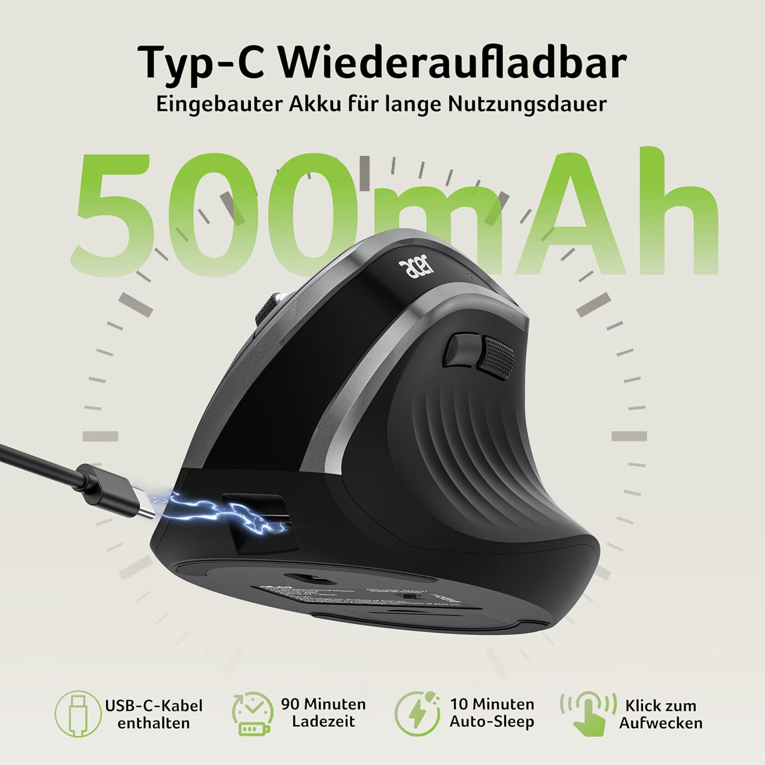 Thumbnail 3 de Acer 2.4G ergonomische vertikale optische Maus – kabellos, wiederaufladbar (bis 1.600 DPI) für PC & Laptops
