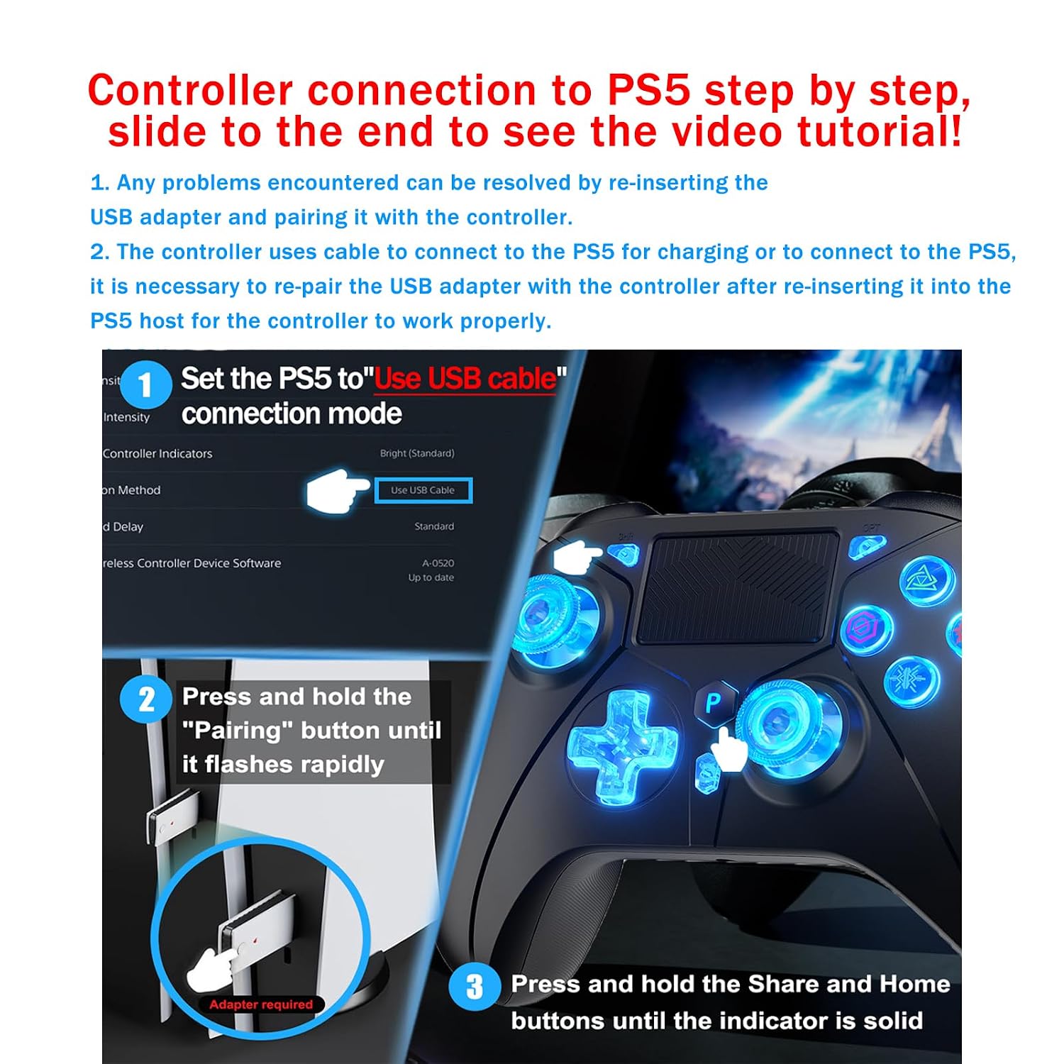 Thumbnail 6 de Dinosoo RGB Wireless Controller with LED Light & Remap Back Buttons for PS5, PC