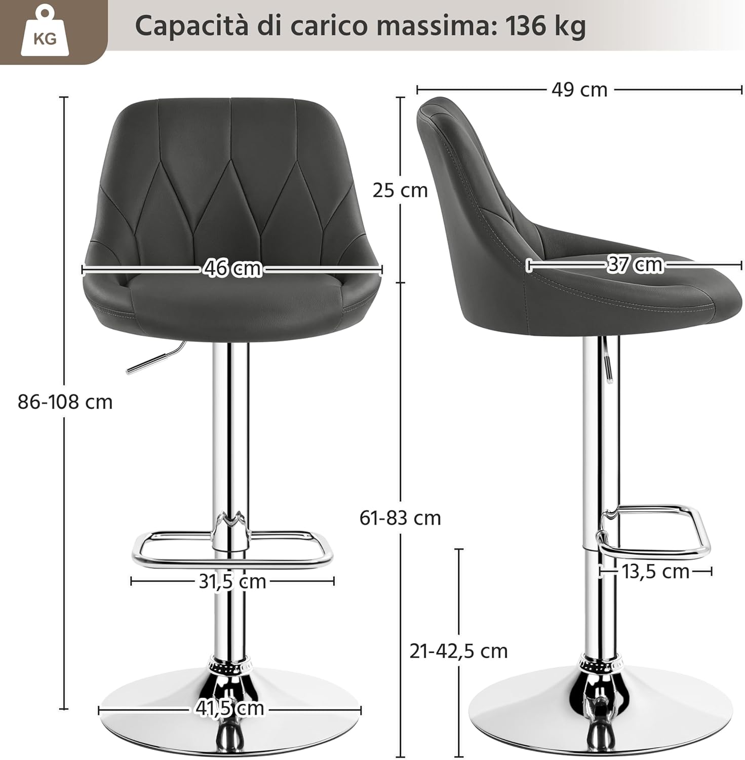 Detalle de Yaheetech Set 2 Sgabelli Bar Alti Regolabili con Schienale Girevole – design moderno in similpelle