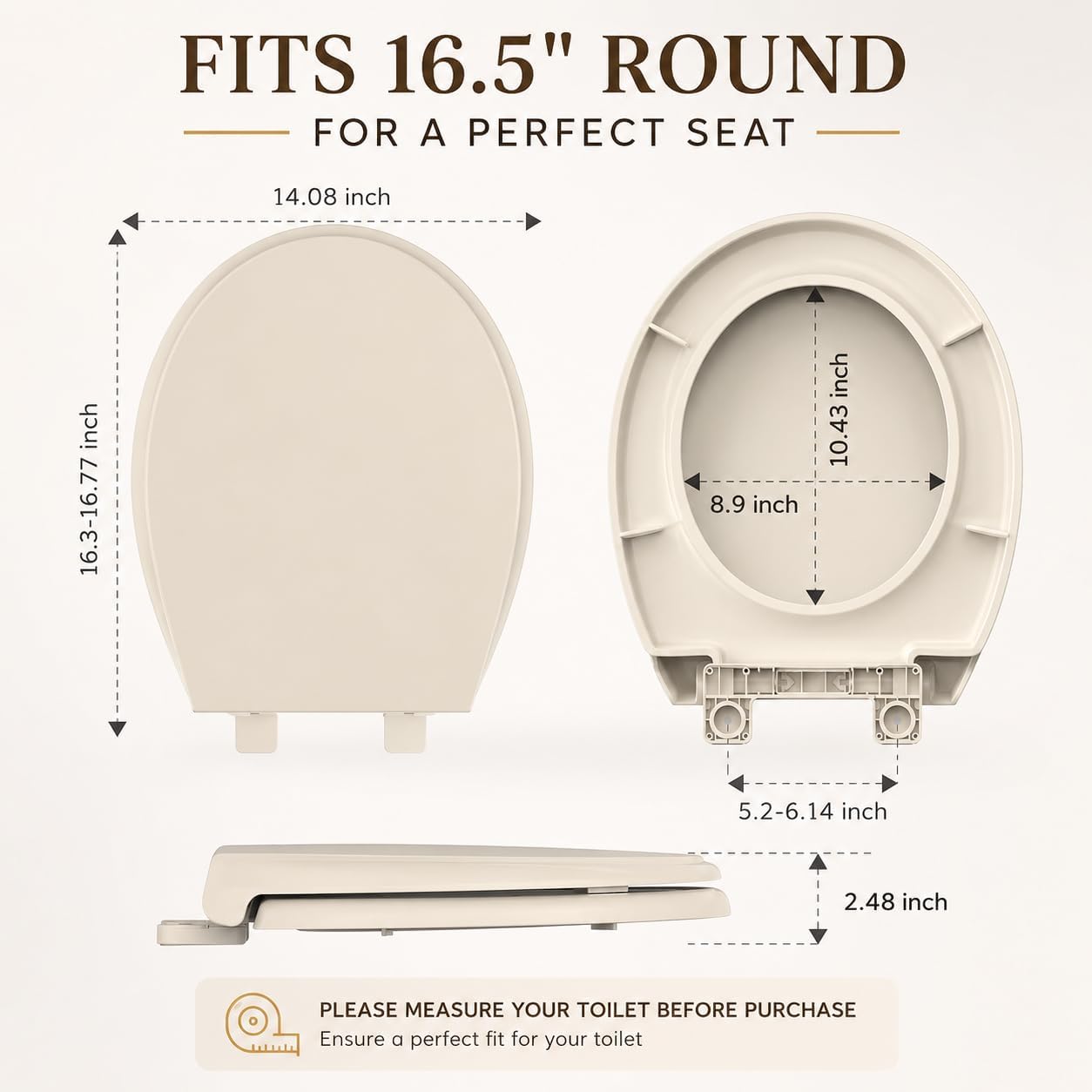 Detalle 2 de Meydrdou 16.5-Inch Round Toilet Seat, Almond PP Plastic, Soft-Close Lid
