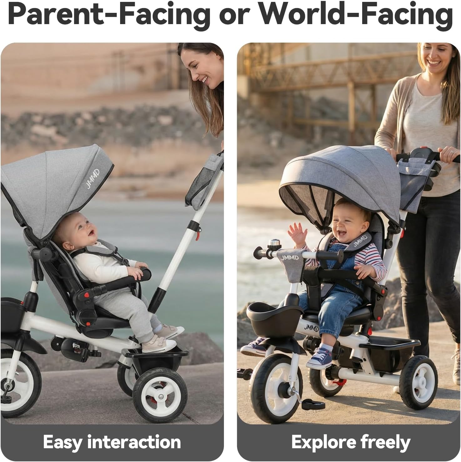 Thumbnail 3 de JMMD 7 in 1 Tricycle Stroller with Push Handle, 360° Swivel Seat, Canopy & Dual Brakes (Gray)