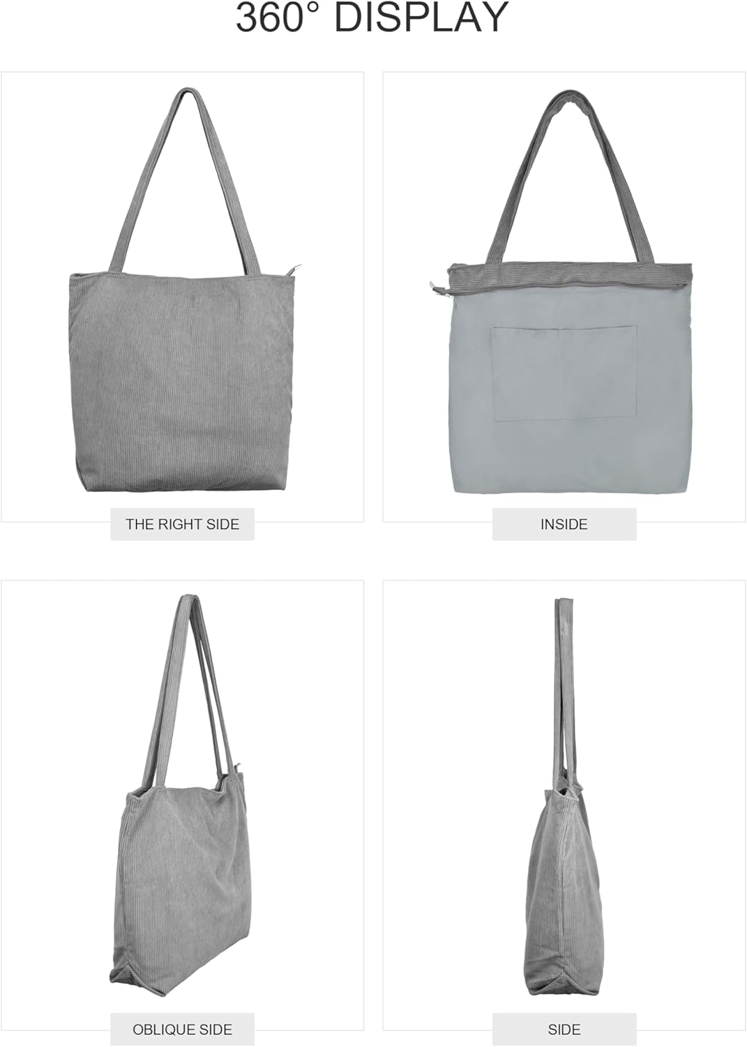 Detalle 2 de Cord Tasche Damen Umhängetasche Tote Bag – Große Kapazität, Reißverschluss, Kord