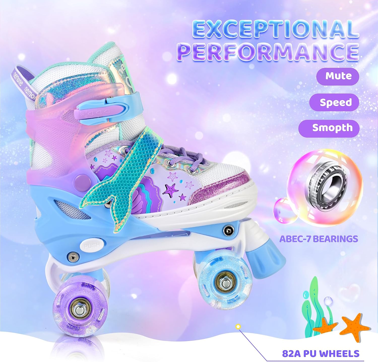Thumbnail 6 de NEMONE Mermaid 4 Size Adjustable Light Up Roller Skates for Girls