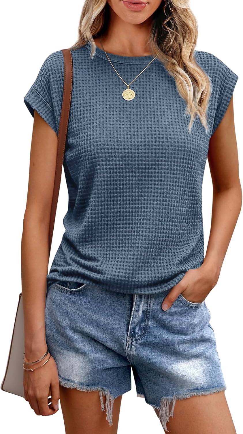 Detalle de Chicrise Damen T Shirt Sommer Rundhals mit Waffelstrick – Bluse Kurzarm, Basic Business Outfit
