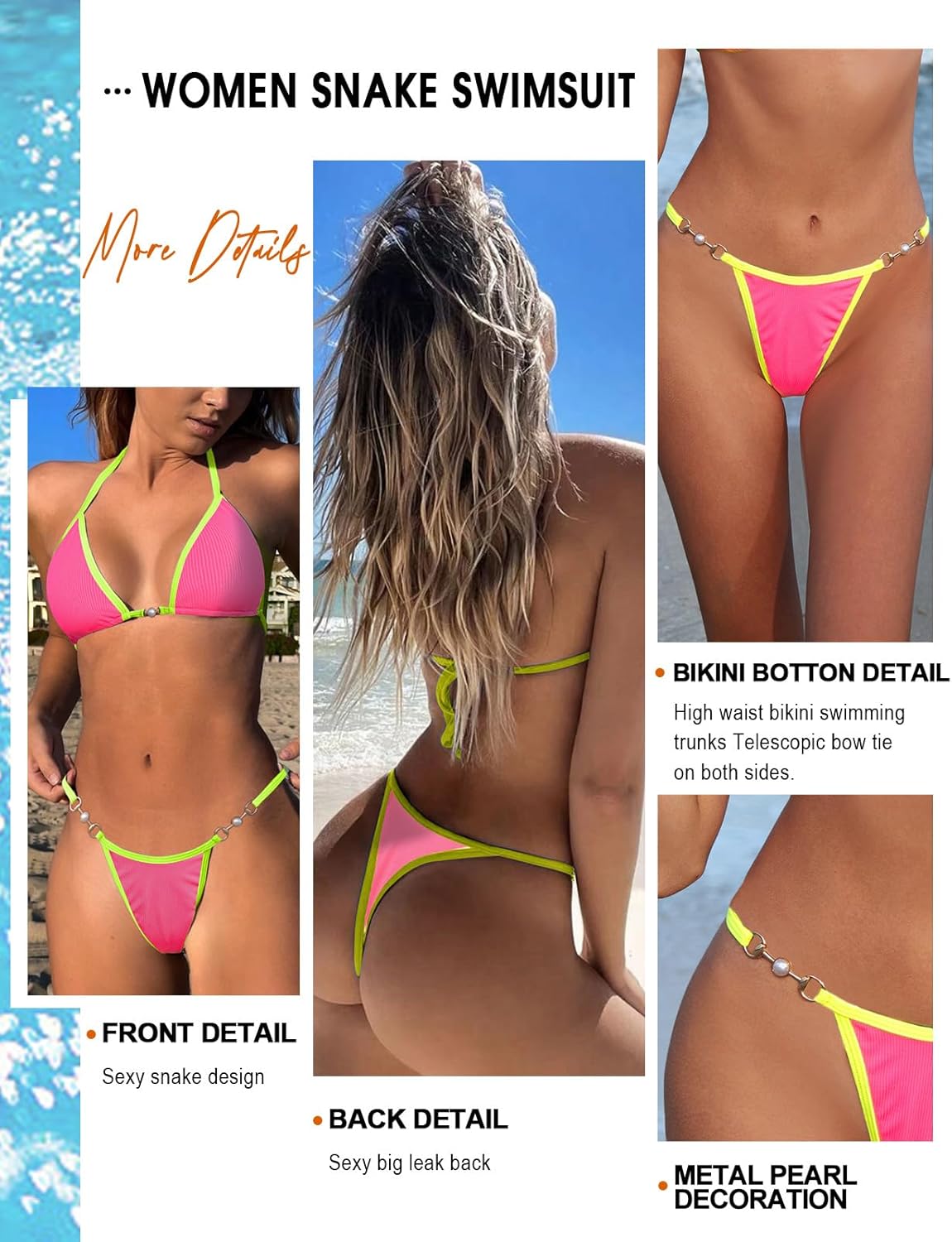 Detalle 2 de UMIPUBO Maillot de Bain 2 Pieces Femme – Bikini sexy taille basse, cordons réglables et perles Élégant