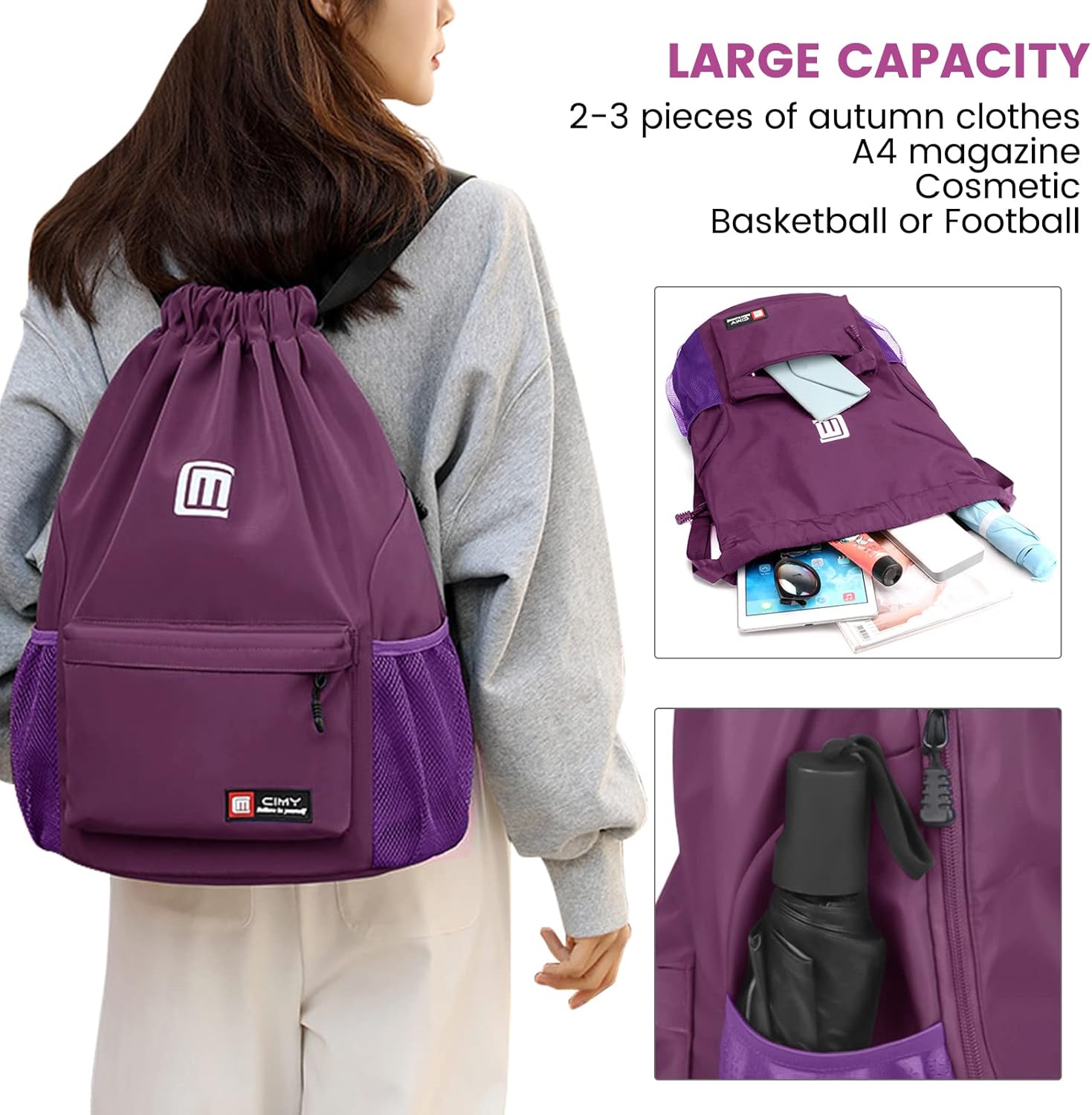 Thumbnail 5 de Eucomir Turnbeutel mit Kordelzug wasserdicht, große Sportbeutel in Lila