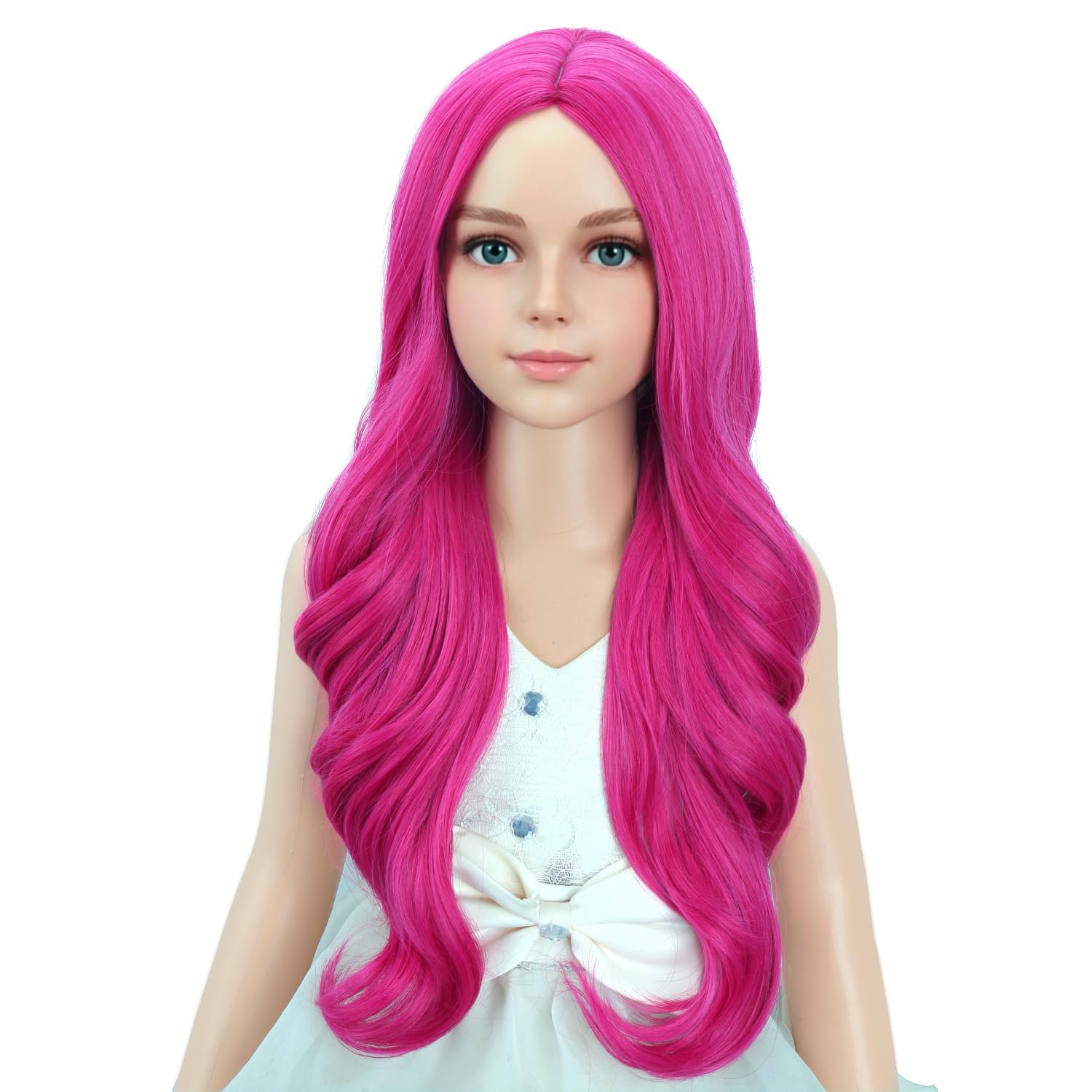 Detalle 2 de PATTNIUM Hot Pink Long Wavy Wig for Kids, 22-Inch Synthetic Hair