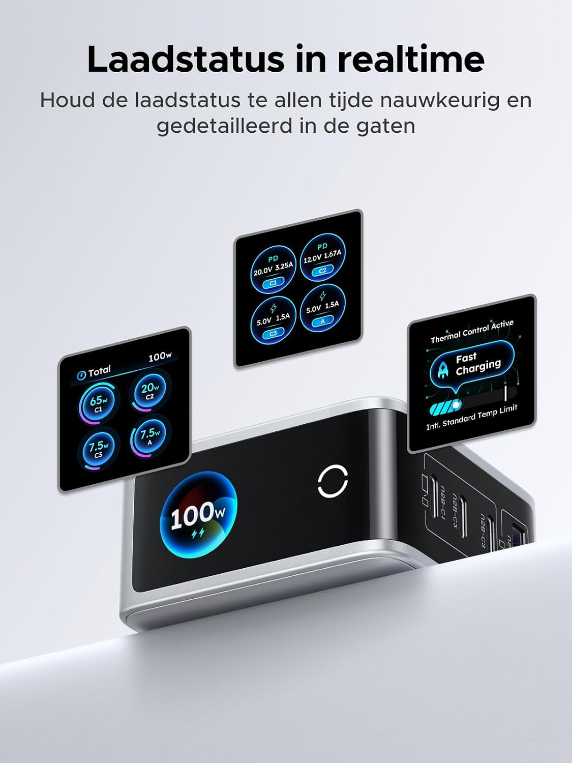 Thumbnail 2 de UGREEN Nexode Pro 100W USB-C-lader met 4 poorten en draaibaar display