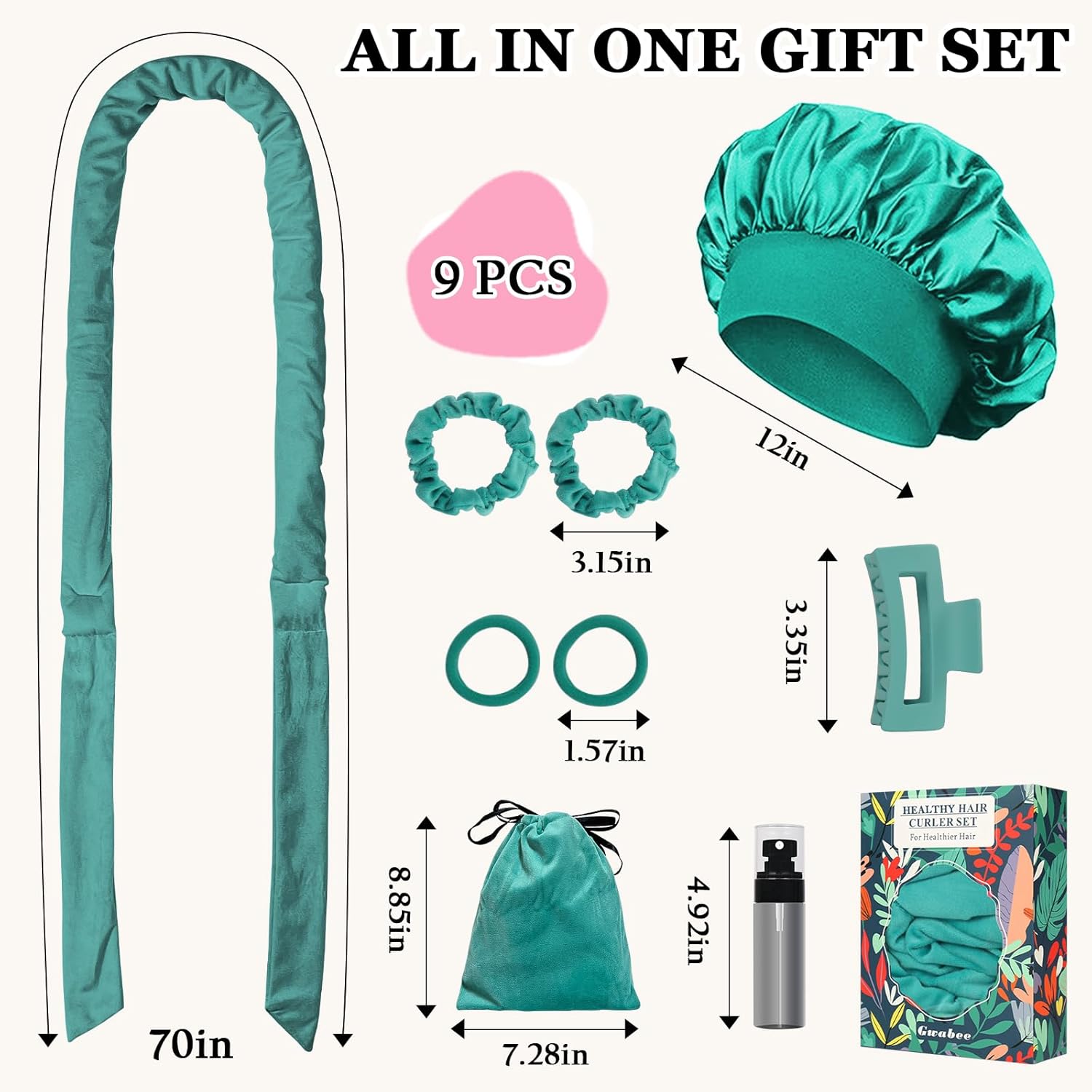 Detalle de Gwabee No Heat Overnight Curl Headband (70" Soft Ribbon Wrap) — 9-Piece Curling Rods Set, Blue Green