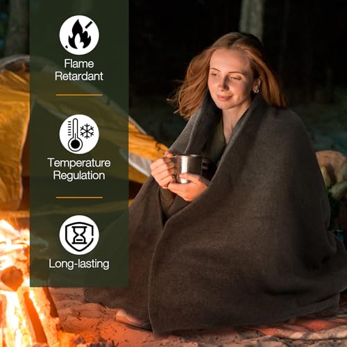 Detalle de REDCAMP Wolldecke 80% Schafwolle – warme Campingdecke grau, 220 × 160 cm