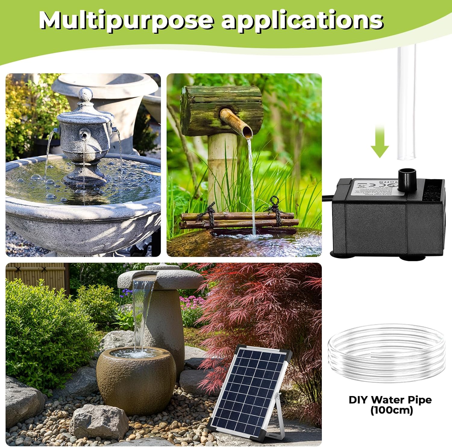 Detalle de Clevich Solar Teichpumpe 5W – Solar Springbrunnen für außen mit 1 m Schlauch, 9 Düsen und 3,25 m Kabel