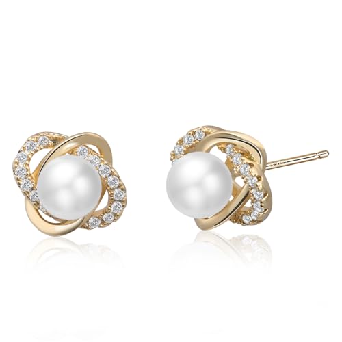 Detalle de Weviway 14K Gold Plated Pearl Stud Earrings for Women – 925 Sterling Silver with Cubic Zirconia