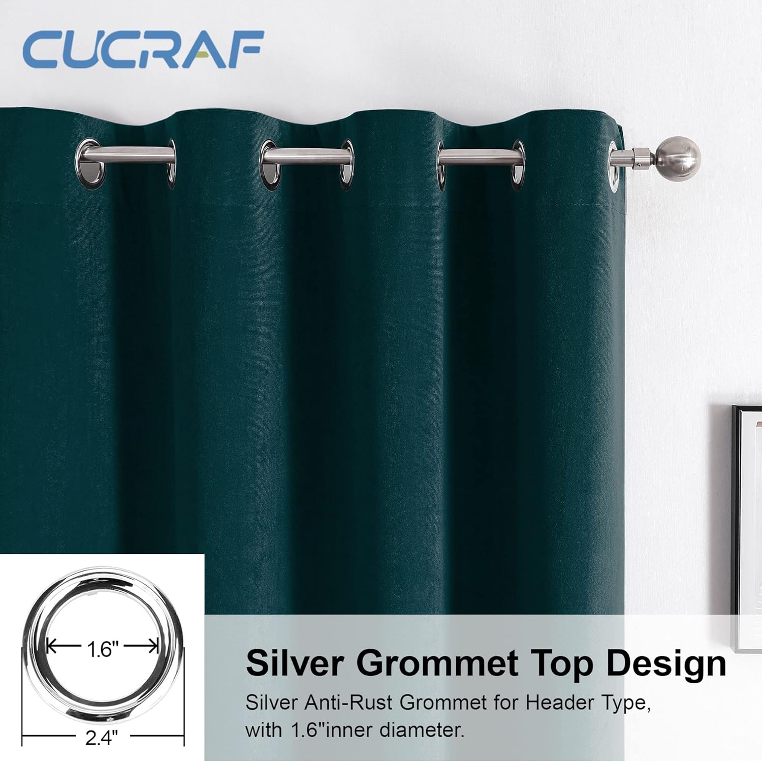 Thumbnail 4 de CUCRAF Thermal Insulated Velvet Curtains (Teal) Eyelet Ring Top — 2 Panels, Blackout for Kids Room & Living Room