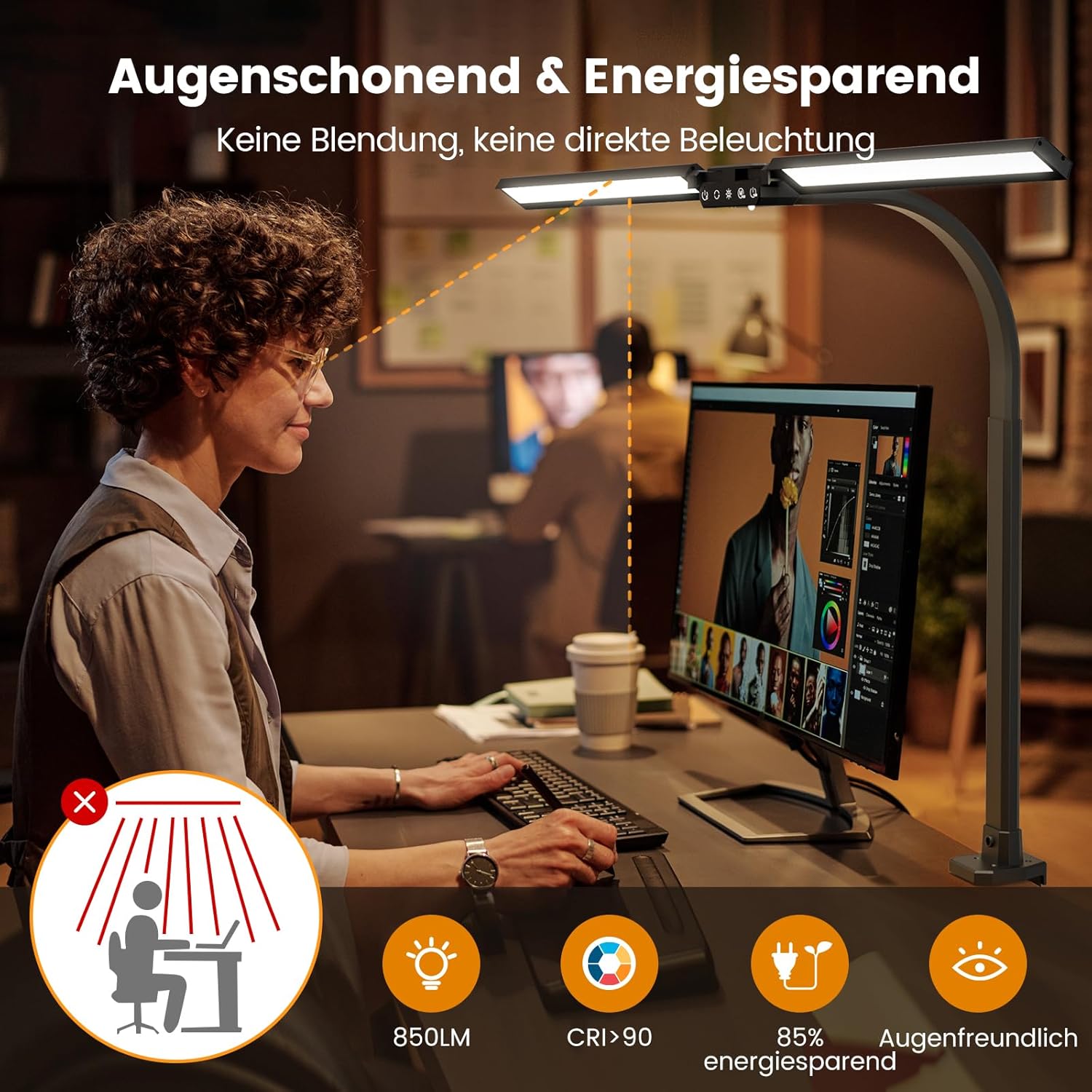 Thumbnail 4 de SIBRILLE Doppelkopf LED-Schreibtischlampe dimmbar (22W, 80 cm) mit Fernbedienung und 5 Farbtemperaturen