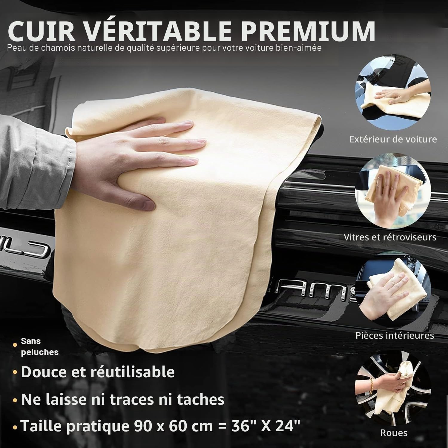 Thumbnail 3 de Airlab Peau de Chamois Voiture XXL 90x60 cm – Cuir Naturel Véritable, Absorption Sans Trace et Douceur Sans Rayures