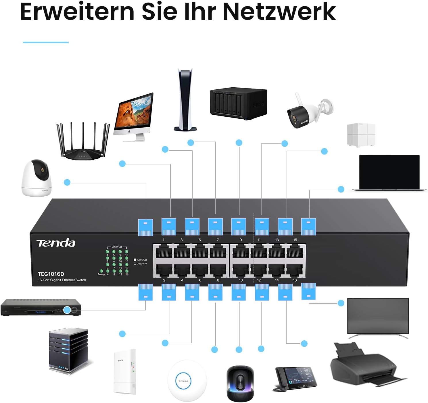 Thumbnail 5 de Tenda TEG1016D Tenda Netzwerk-Switch mit 16 Gigabit-Ports (unmanaged, Plug-and-Play, Rack/Wand, lüfterlos)