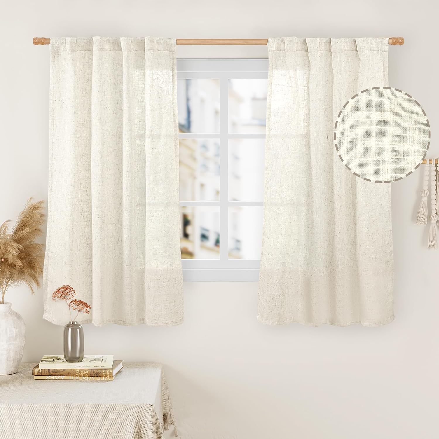 Detalle de LAMIT Natural 34 x 45 Linen-Blend Light-Filtering Curtains, 2 Panels