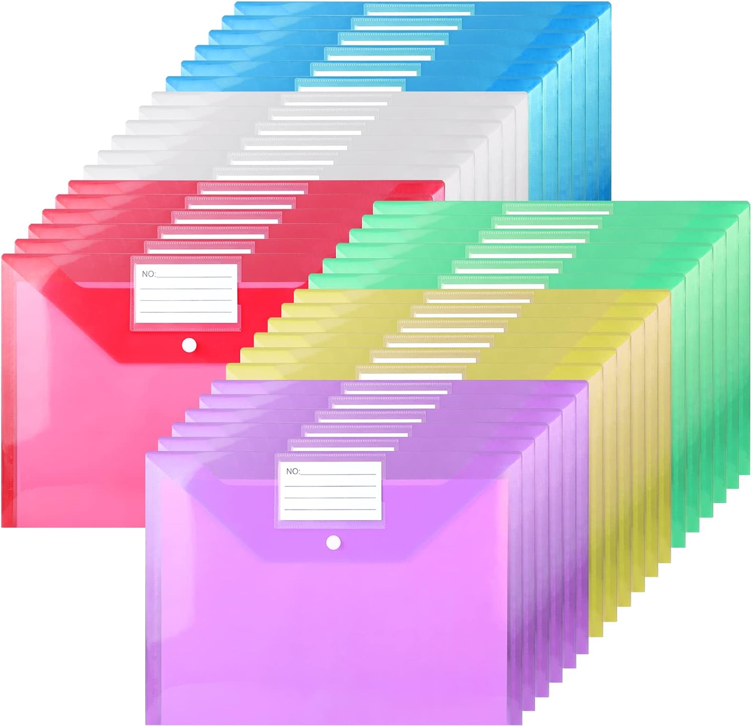36-Pack A4 Plastic Wallets with Popper Buttons and Label Pocket (Assorted Colours)