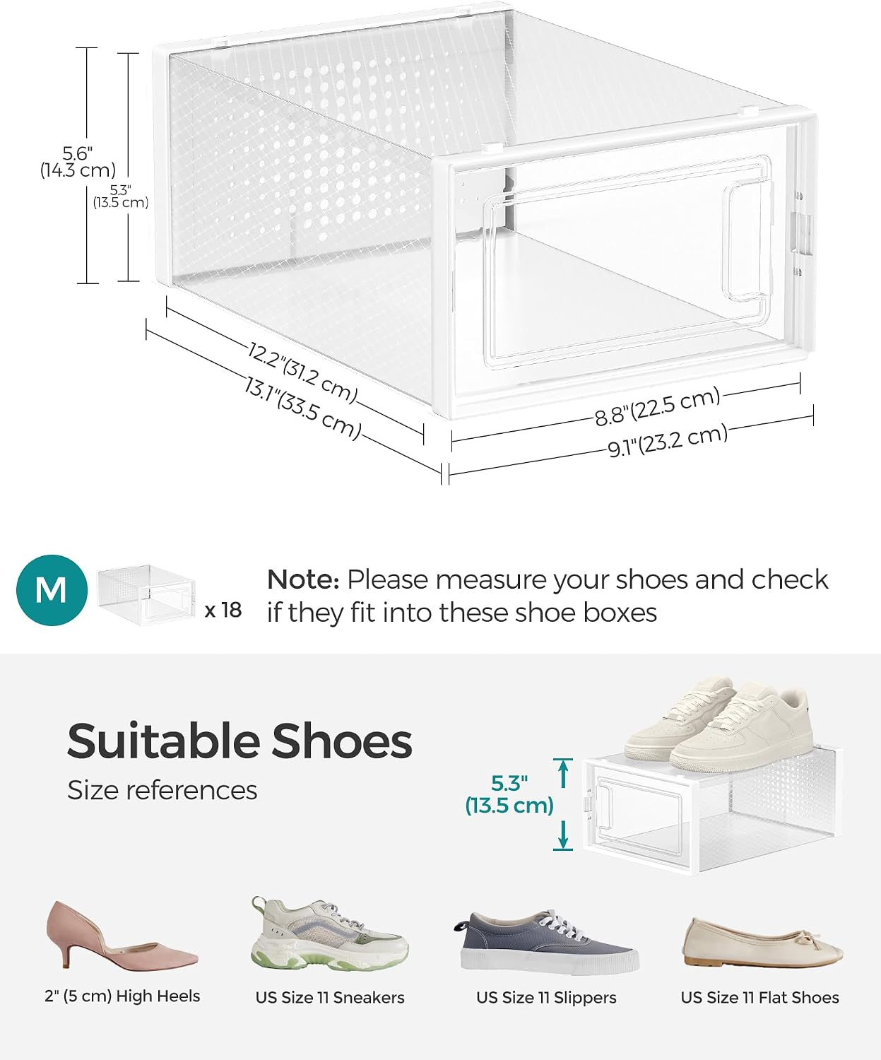 Detalle 2 de SONGMICS ULSP18SWT Shoe Boxes, Set of 18, Stackable with Clear Front Doors