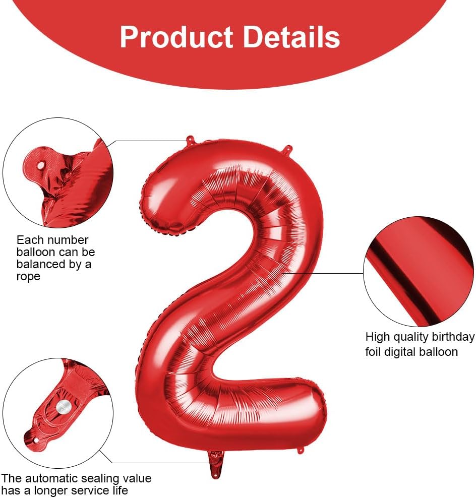 Thumbnail 2 de OFFCUP Zahlen Luftballon Rot 2 – 40 Zoll Folienballon für Geburtstagsfeier und Silvester-Deko