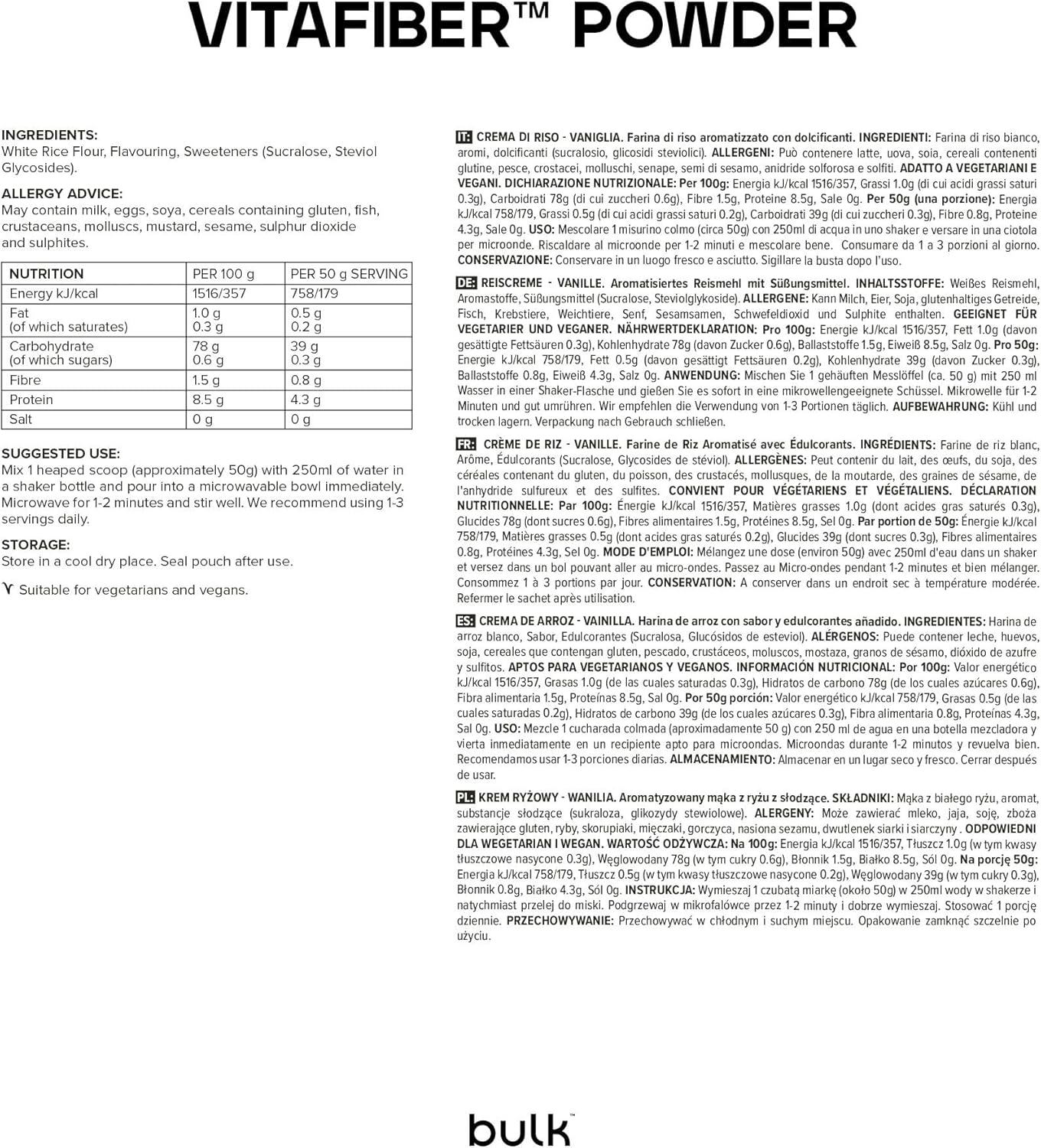 Detalle 2 de Bulk VitaFiber poudre 500 g substitut de sucre đœ