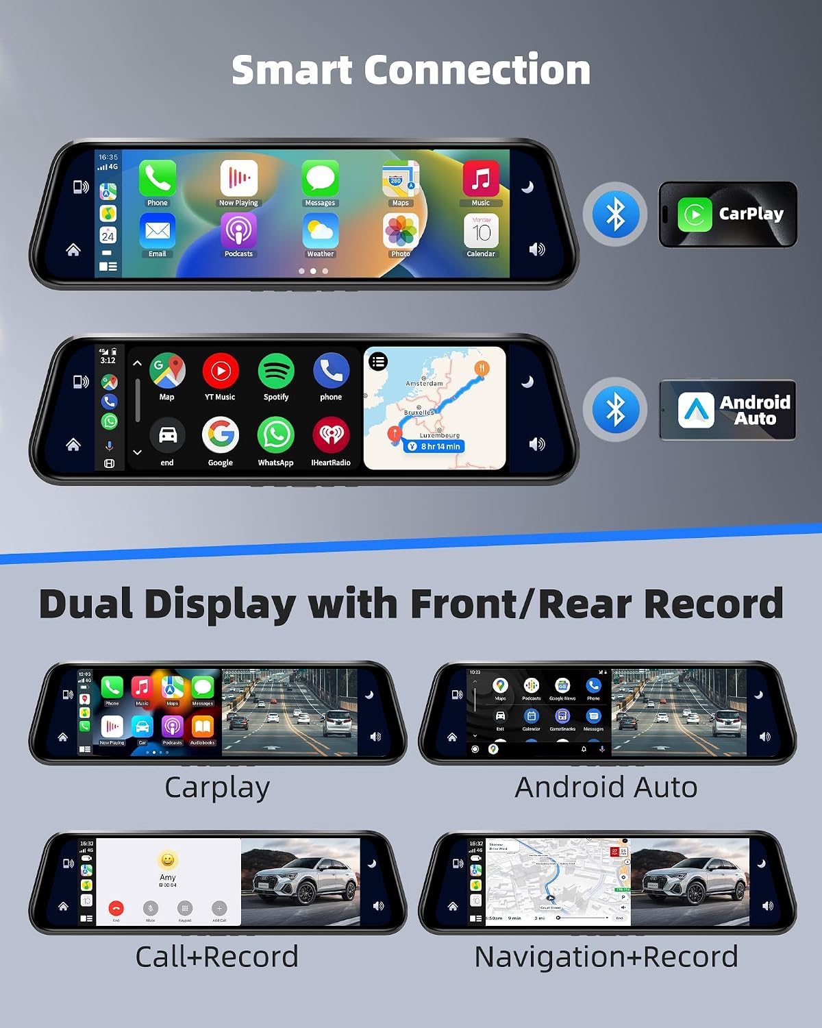 Detalle de KOUENOM 2.5K Mirror Dash Cam with CarPlay & Android Auto, 10” Rear View Mirror Camera (64GB Included)