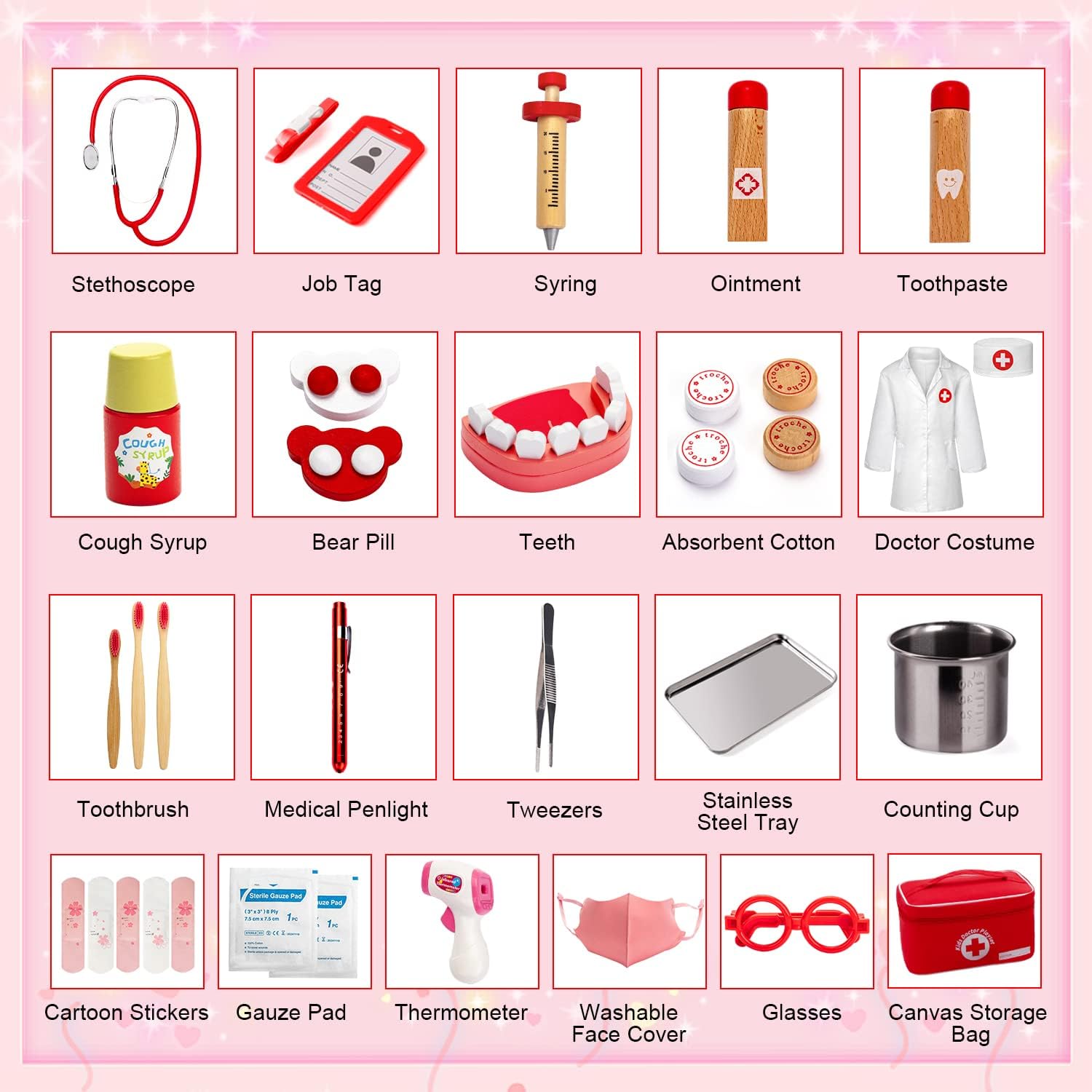 Thumbnail 6 de Sundaymot Doctors Set for Kids: 32-Piece Wooden Role Play Case with Real Stethoscope and Dentist Kit