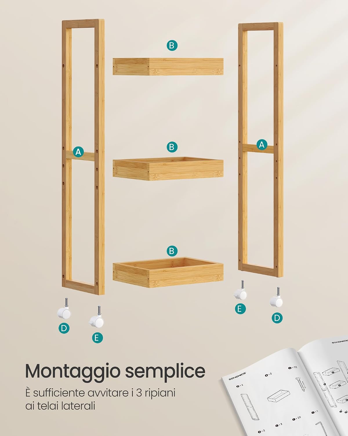 Thumbnail 6 de SONGMICS Carrellino Salvaspazio Bambu 3 Ripiani con Ruote, 20 x 30 x 80 cm, Beige Naturale – BCB083N01