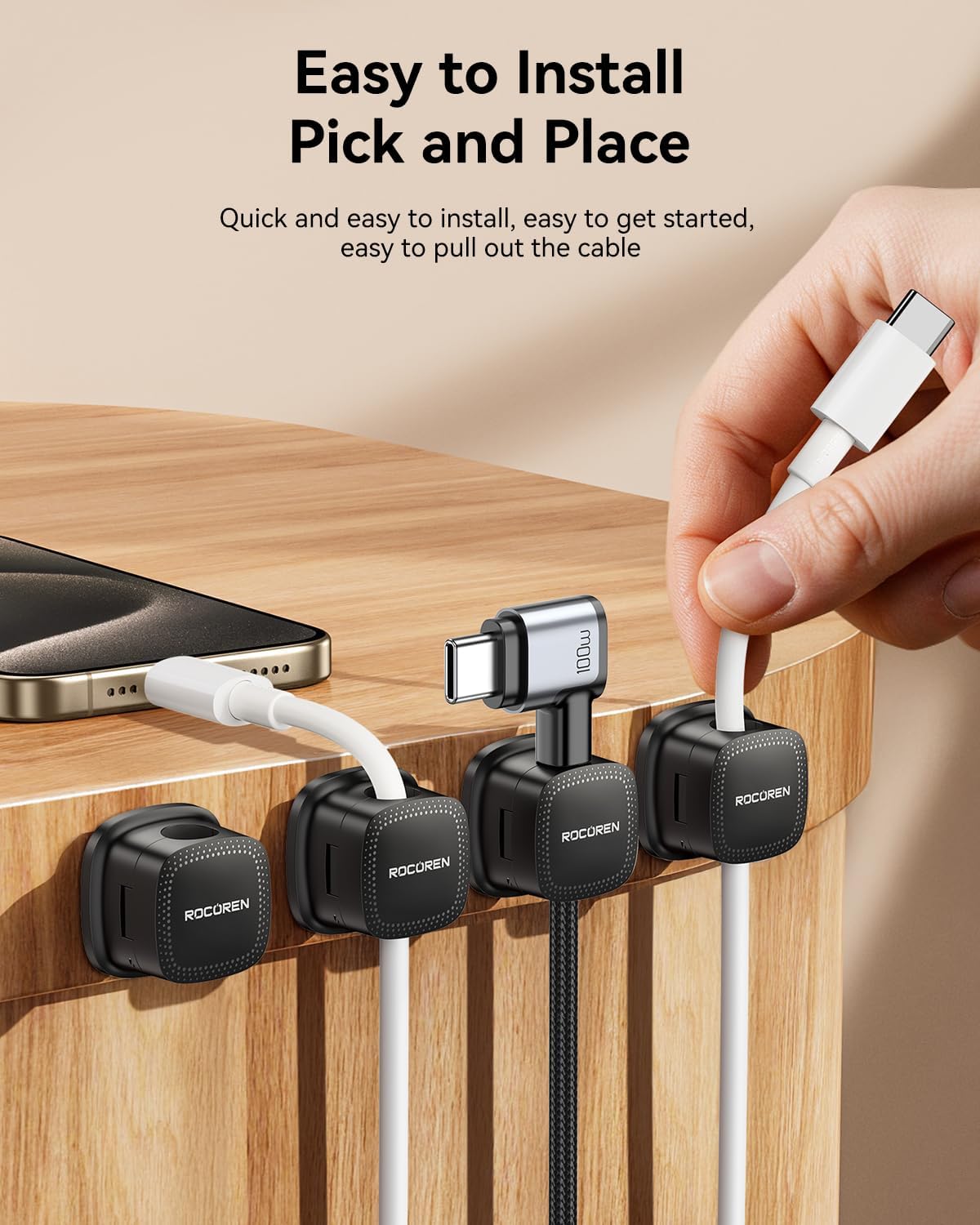 Detalle de Rocoren Magnetic Cable Holder Clips (6-pack) with Strong Adhesive and 7.5 mm Cable Slot – Black