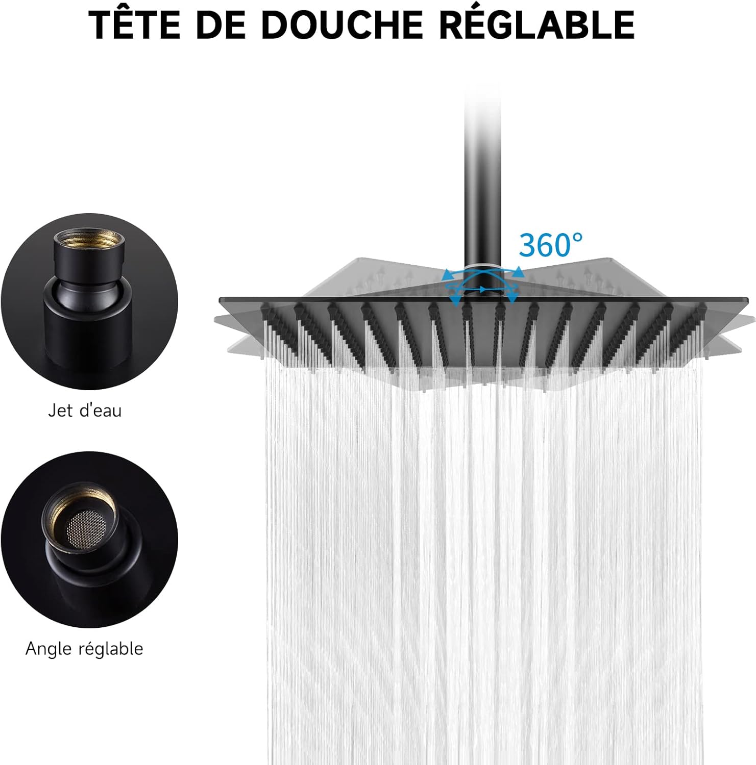 Thumbnail 3 de HAUSPROFI Pommeau de Douche Carré 30 cm Noir Acier 304
