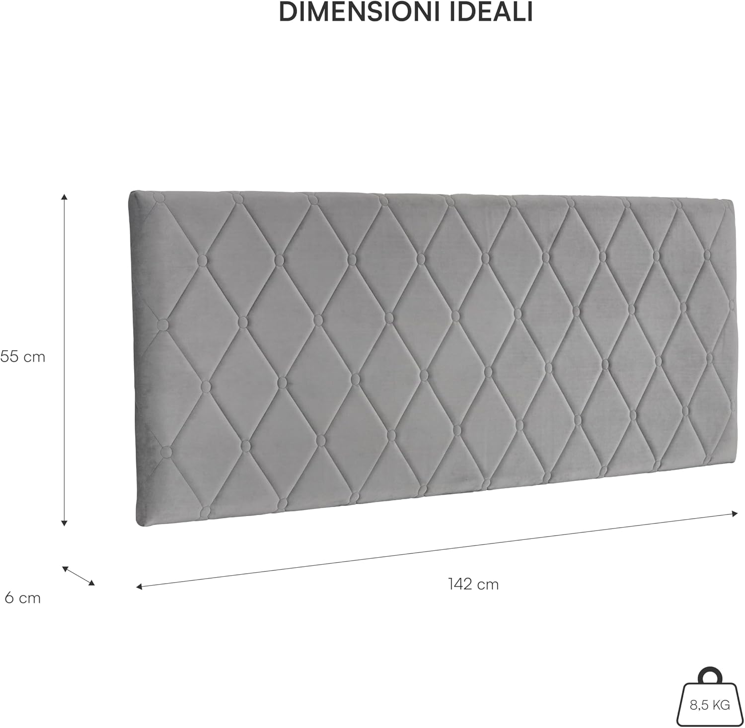 Thumbnail 2 de Baroni Home testata del letto imbottita in velluto grigio 142x55 cm, con doppio gancio regolabile e struttura in MDF