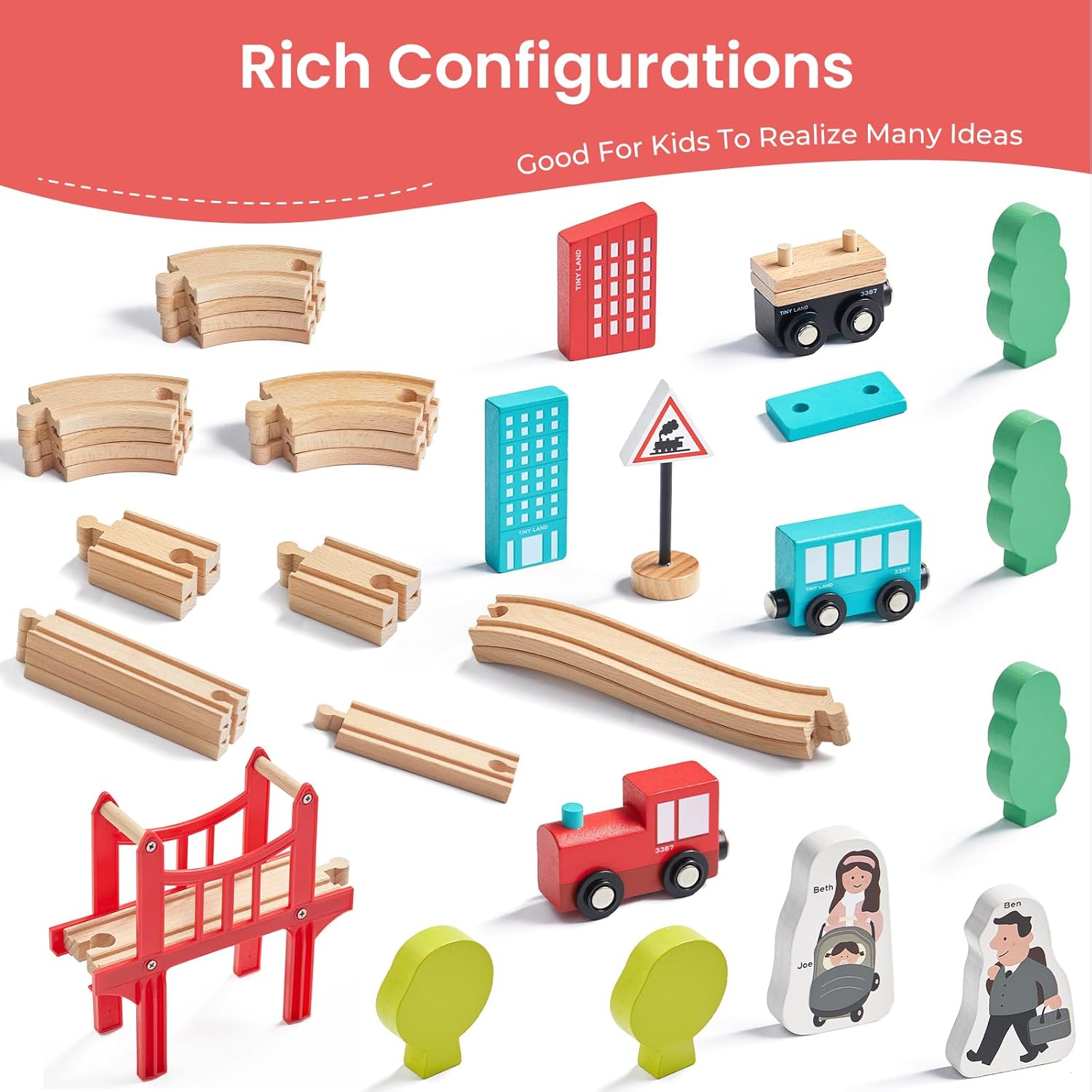 Detalle de Tiny Land Wooden Train Set 39 pcs 🚂