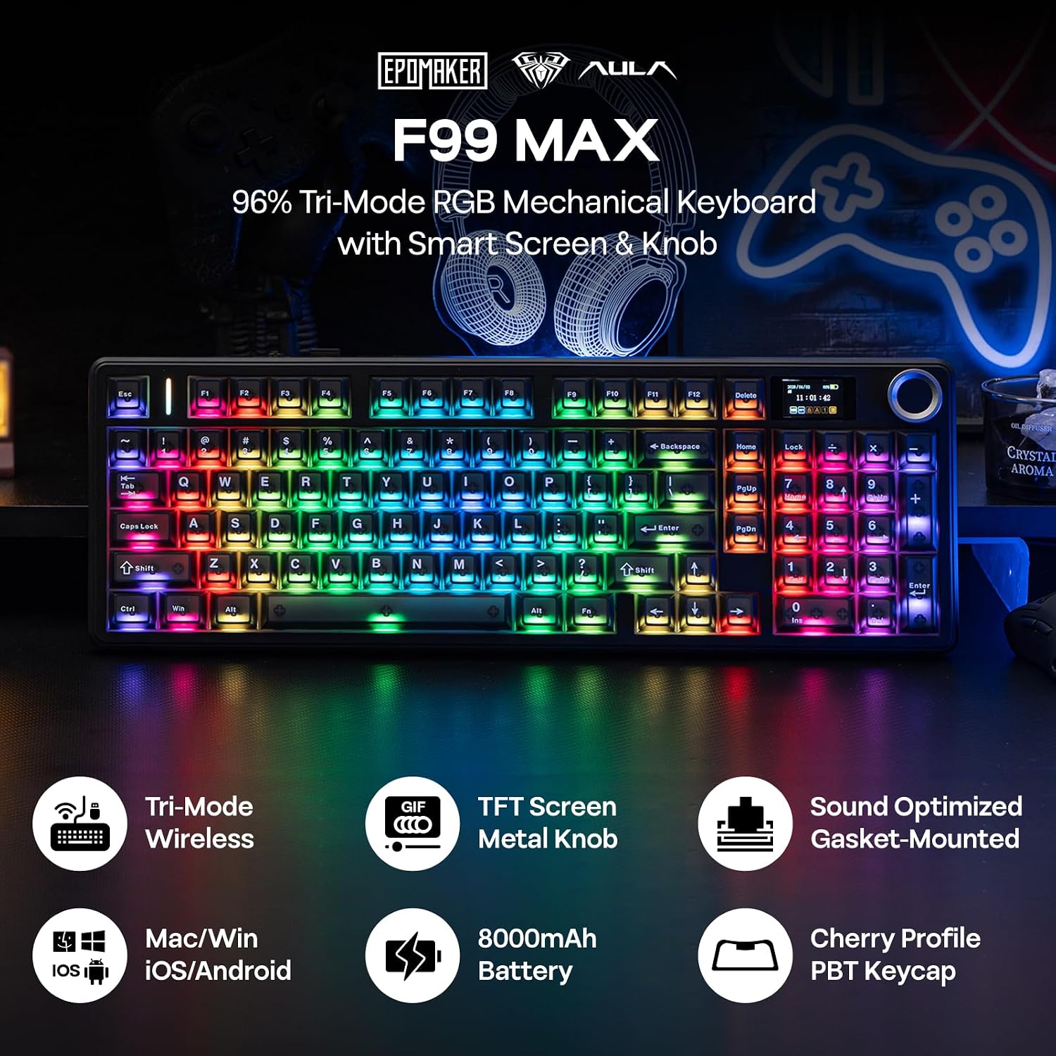 Thumbnail 1 de EPOMAKER Aula F99 MAX Wireless Mechanical Keyboard with Smart Screen and Knob