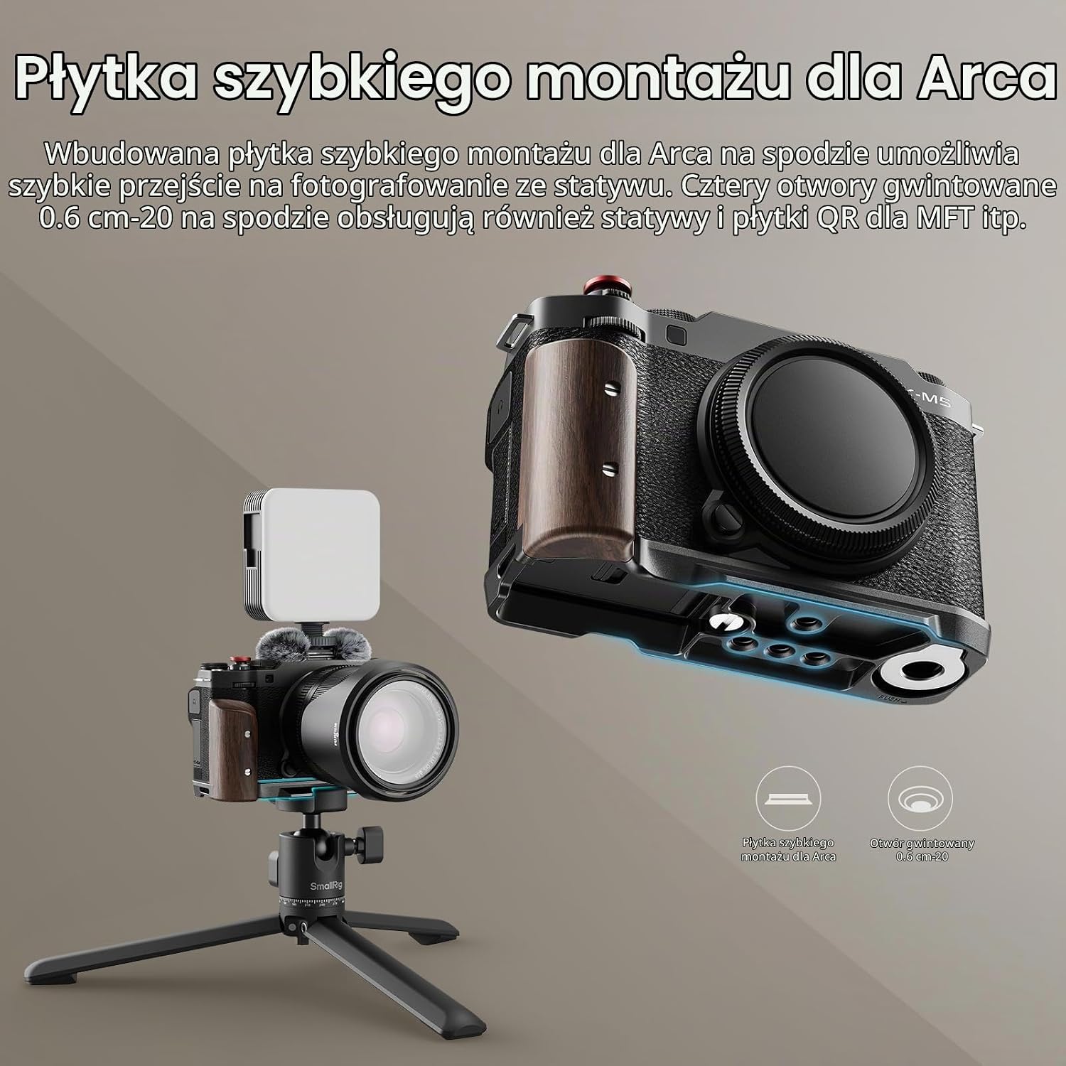 Detalle 2 de SMALLRIG 5260 – drewniany uchwyt L do FUJIFILM X-M5 z mocowaniem Arca-Swiss